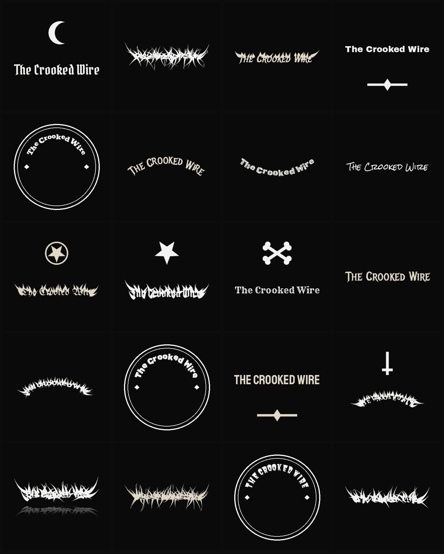 Twenty The Crooked Wire band logo ideas — different faces, treatments and spike settings