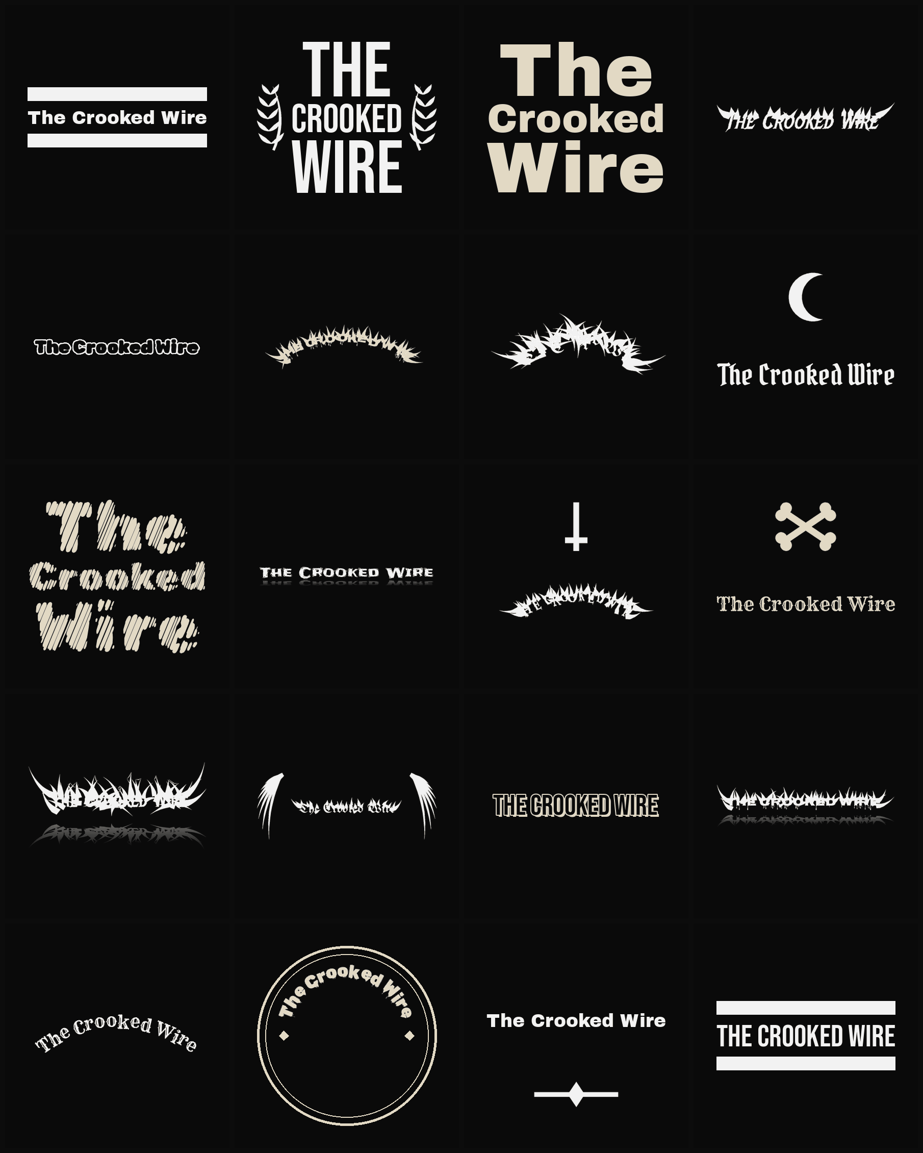 Twenty The Crooked Wire band logo ideas — different faces, treatments and spike settings