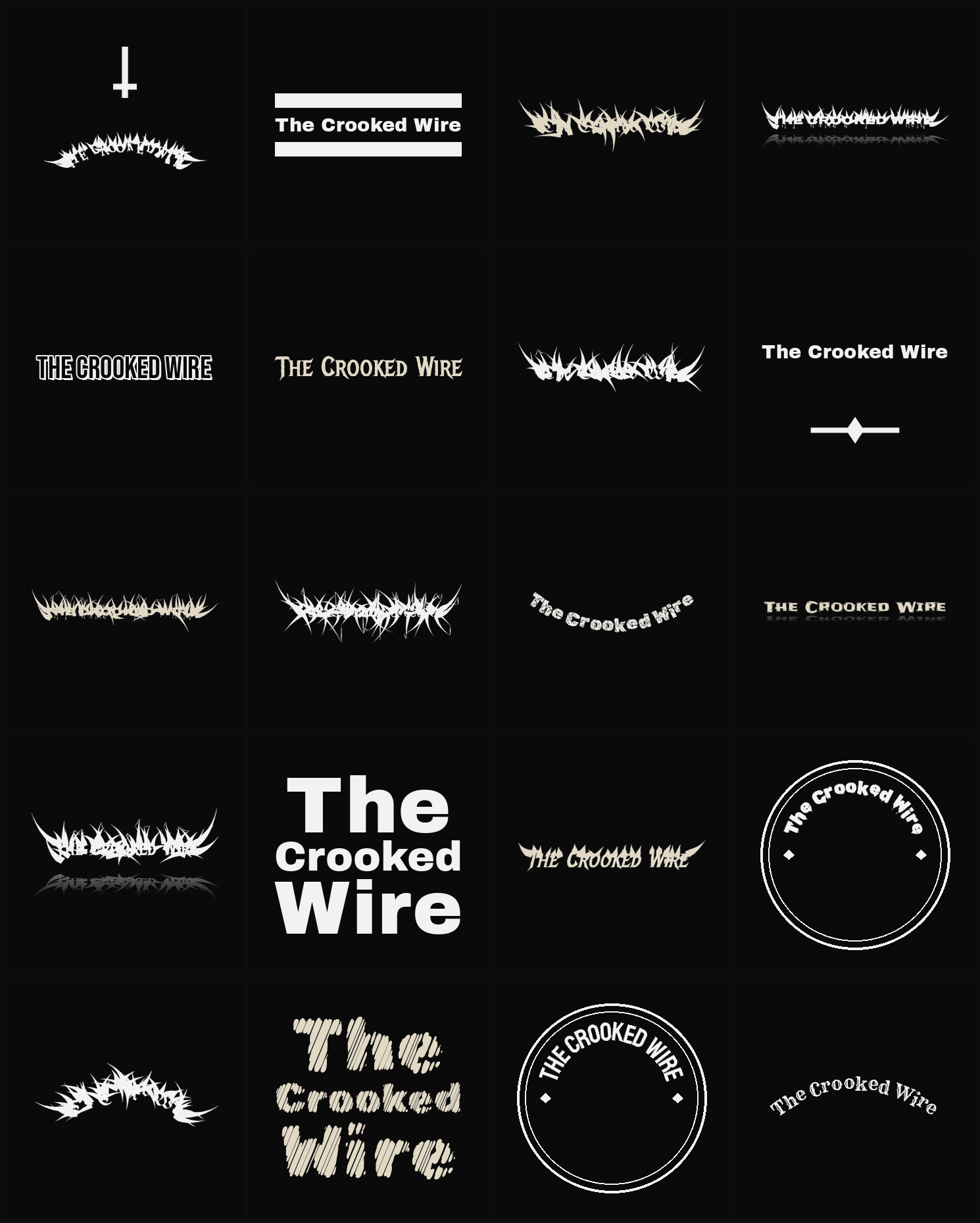 Twenty The Crooked Wire band logo ideas — different faces, treatments and spike settings