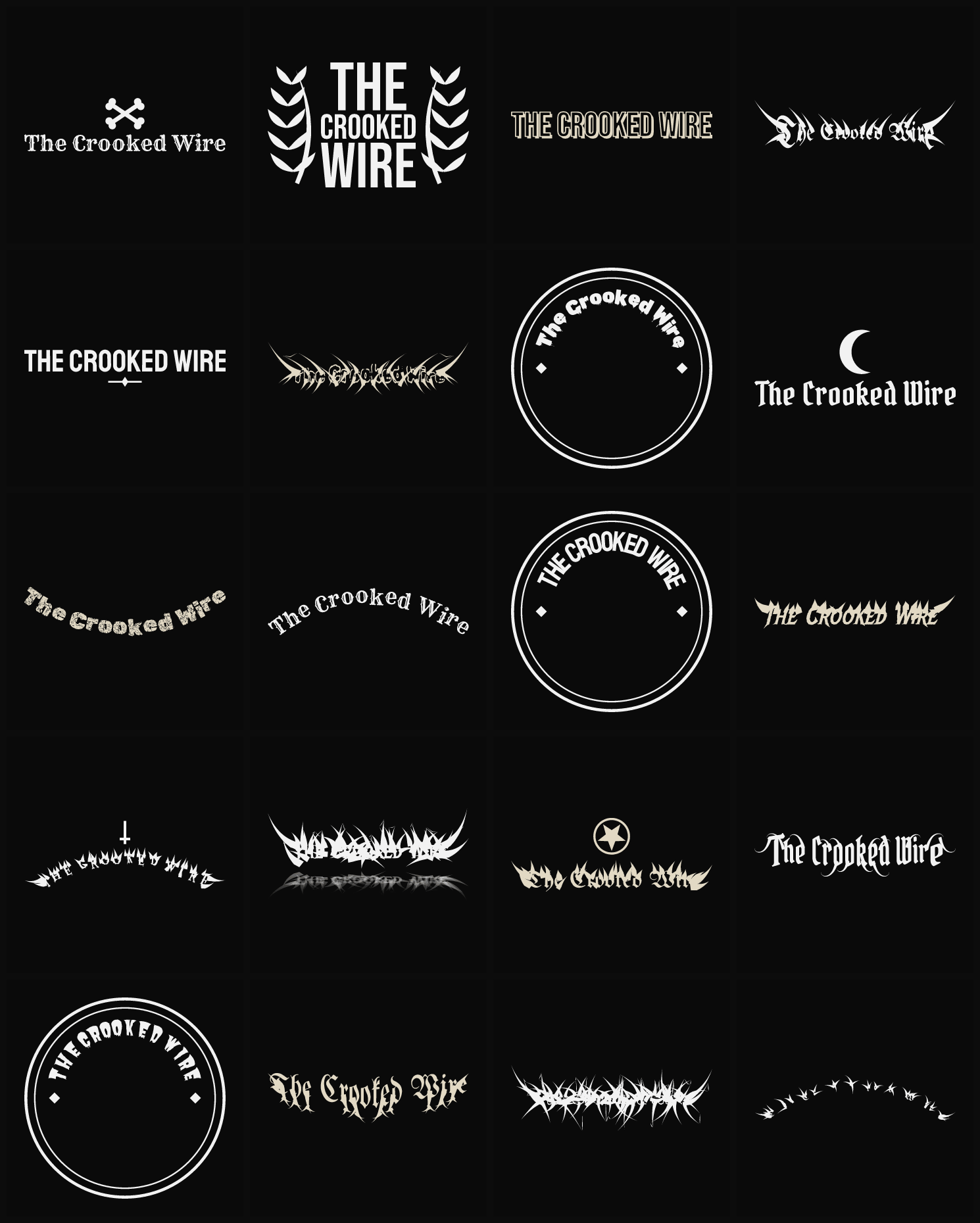 Twenty The Crooked Wire band logo ideas — different faces, treatments and spike settings