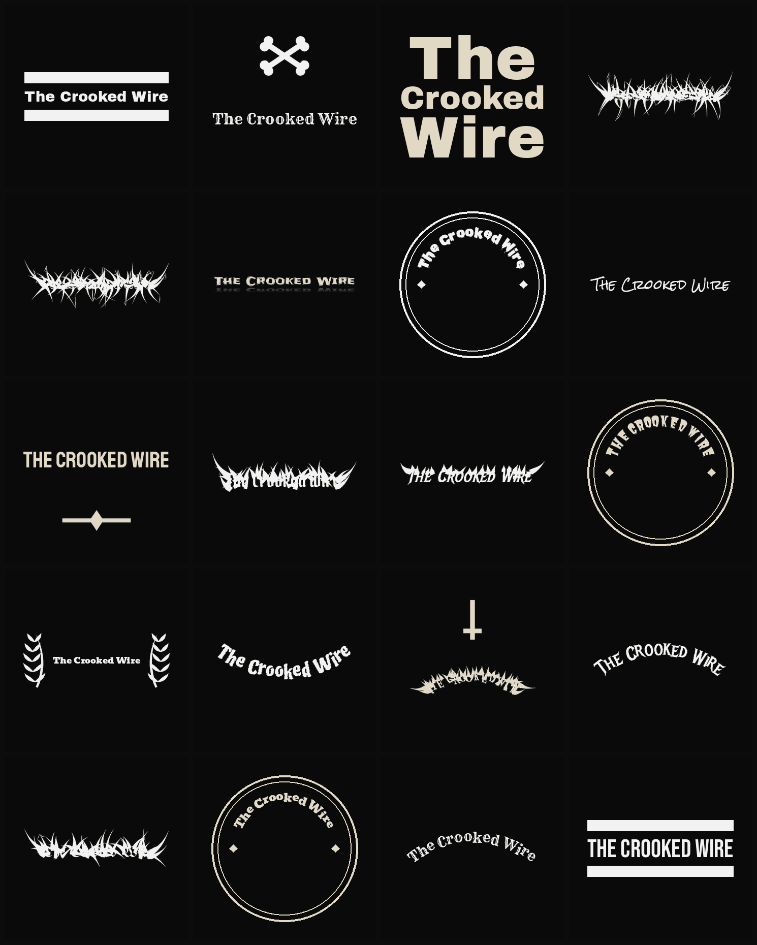 Twenty The Crooked Wire band logo ideas — different faces, treatments and spike settings