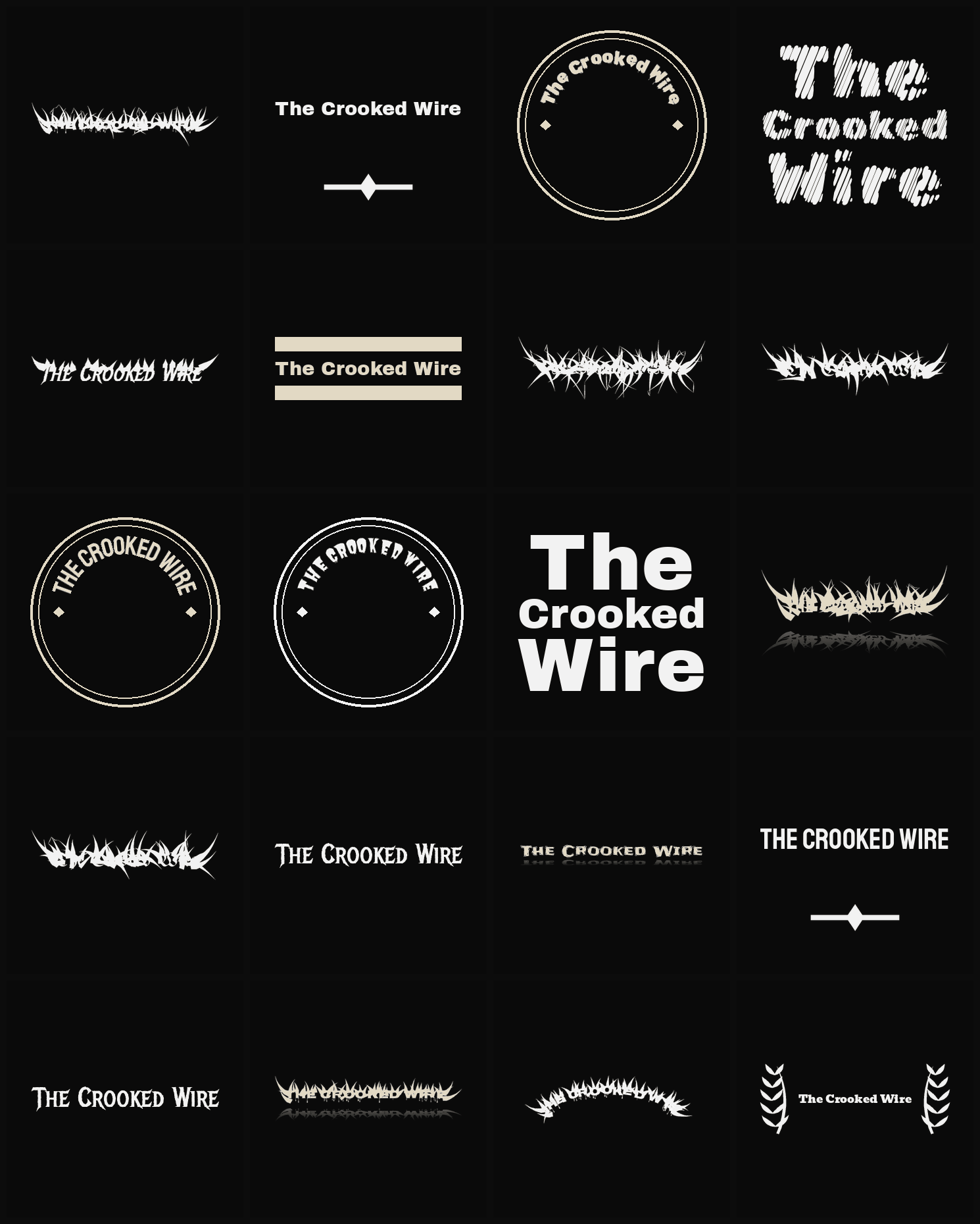 Twenty The Crooked Wire band logo ideas — different faces, treatments and spike settings