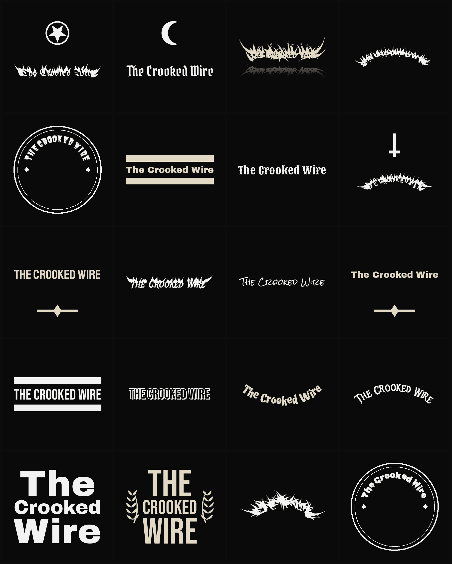 Twenty The Crooked Wire band logo ideas — different faces, treatments and spike settings