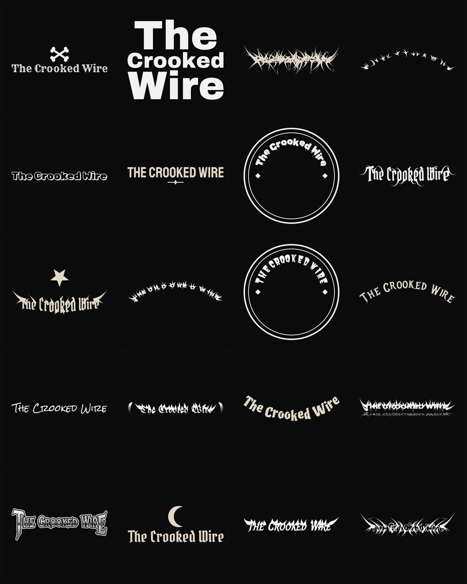 Twenty The Crooked Wire band logo ideas — different faces, treatments and spike settings
