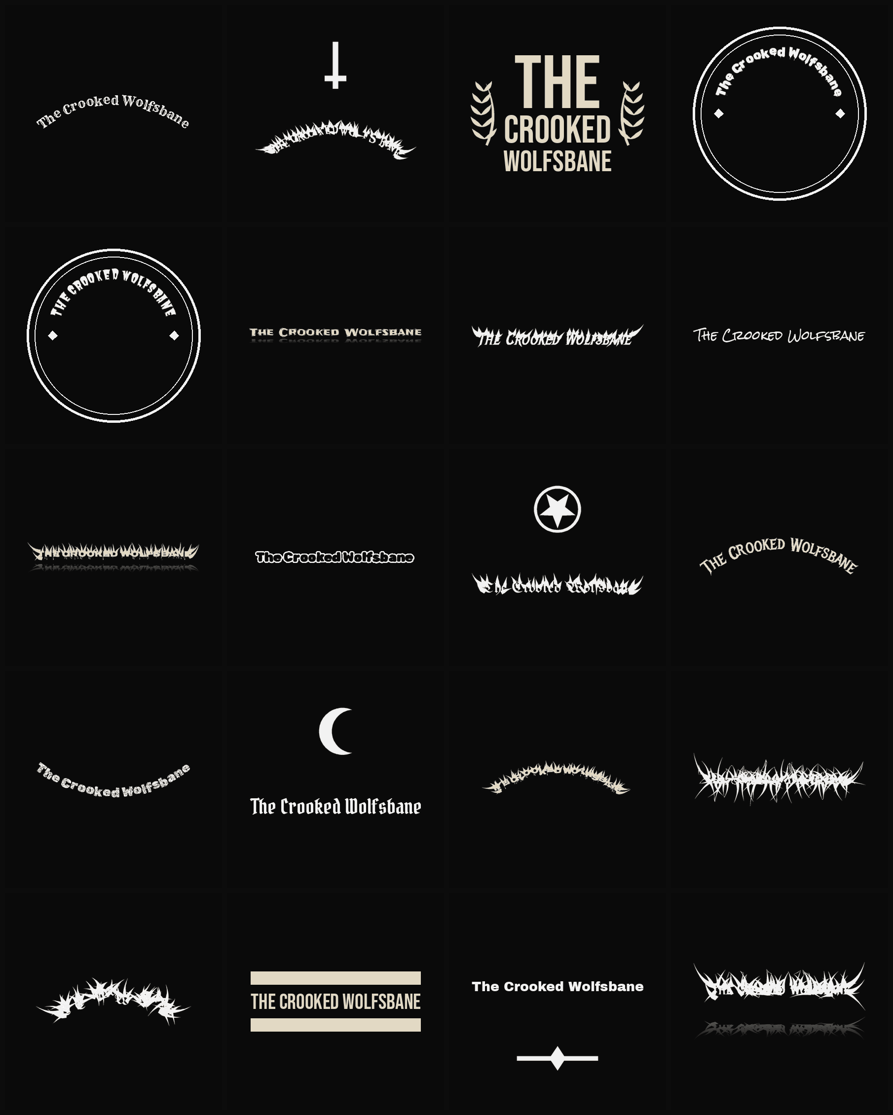 Twenty The Crooked Wolfsbane band logo ideas — different faces, treatments and spike settings