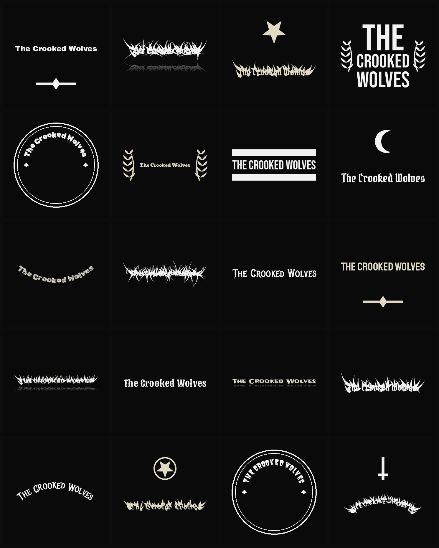 Twenty The Crooked Wolves band logo ideas — different faces, treatments and spike settings