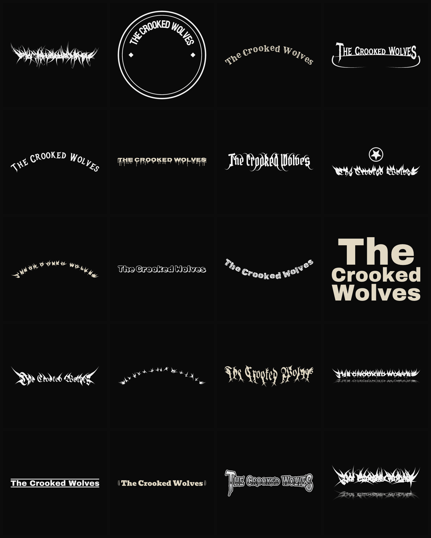 Twenty The Crooked Wolves band logo ideas — different faces, treatments and spike settings