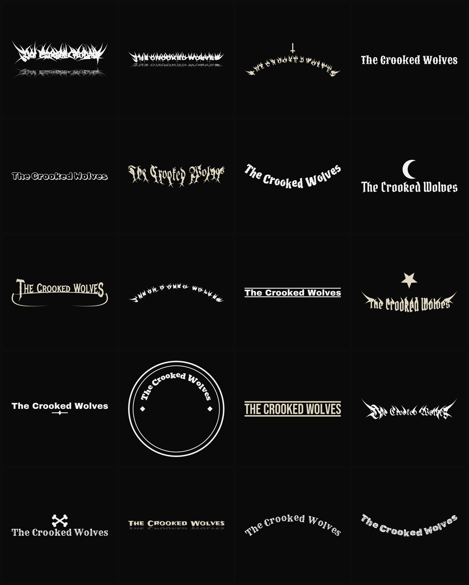 Twenty The Crooked Wolves band logo ideas — different faces, treatments and spike settings