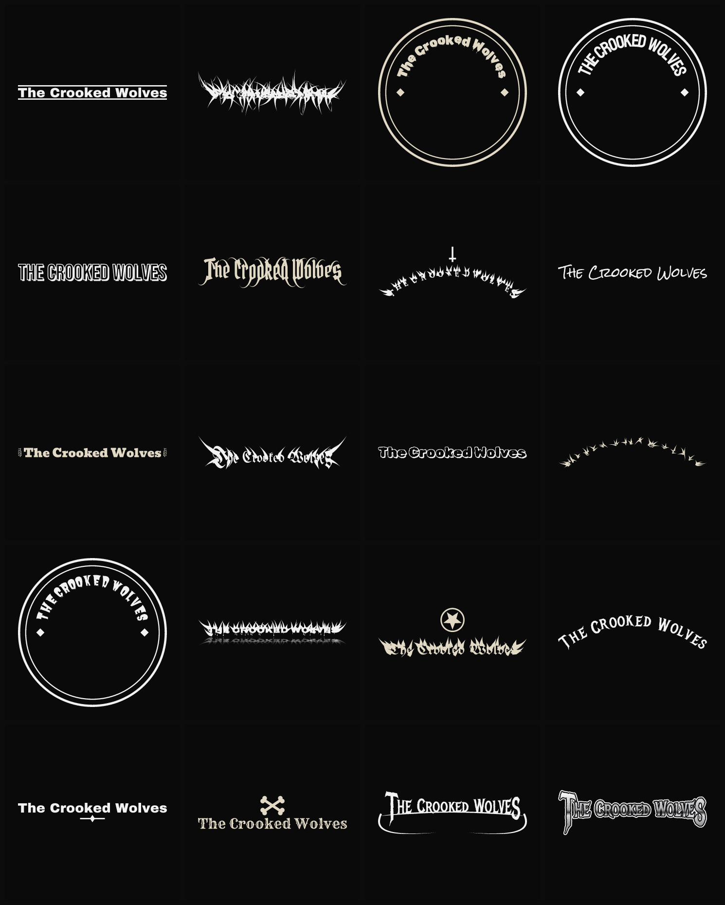 Twenty The Crooked Wolves band logo ideas — different faces, treatments and spike settings