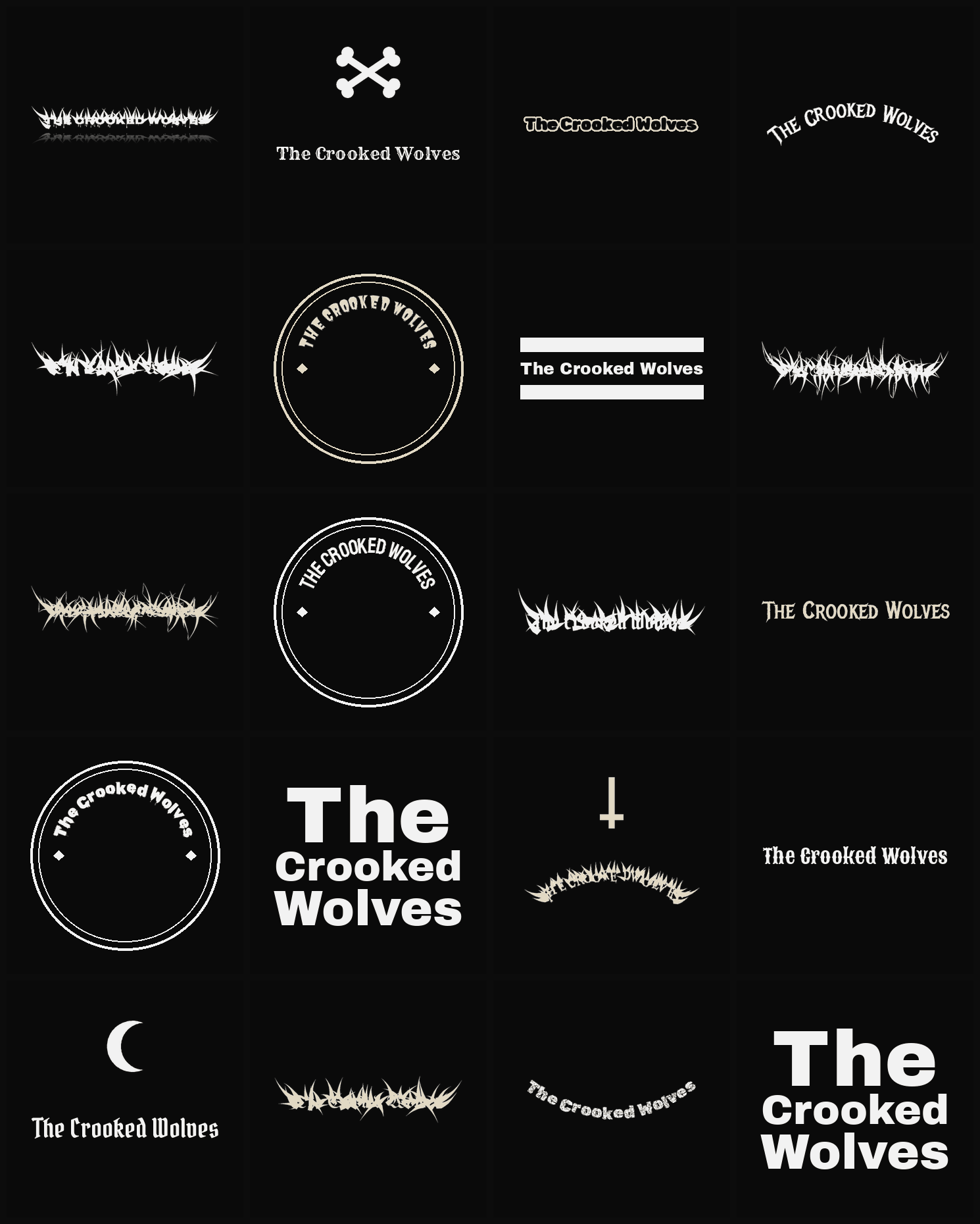Twenty The Crooked Wolves band logo ideas — different faces, treatments and spike settings