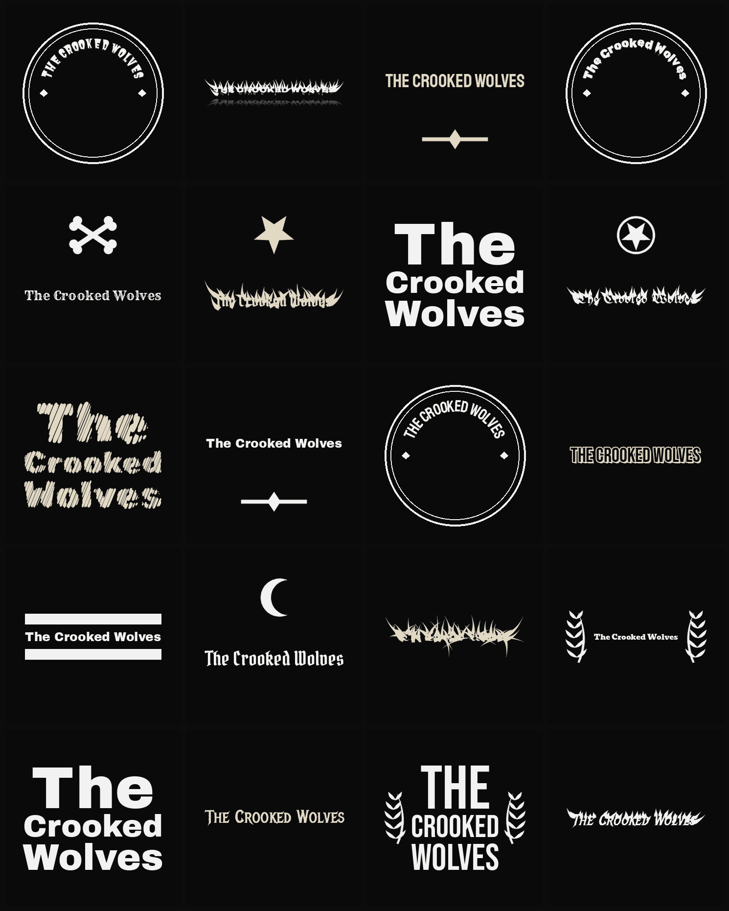Twenty The Crooked Wolves band logo ideas — different faces, treatments and spike settings