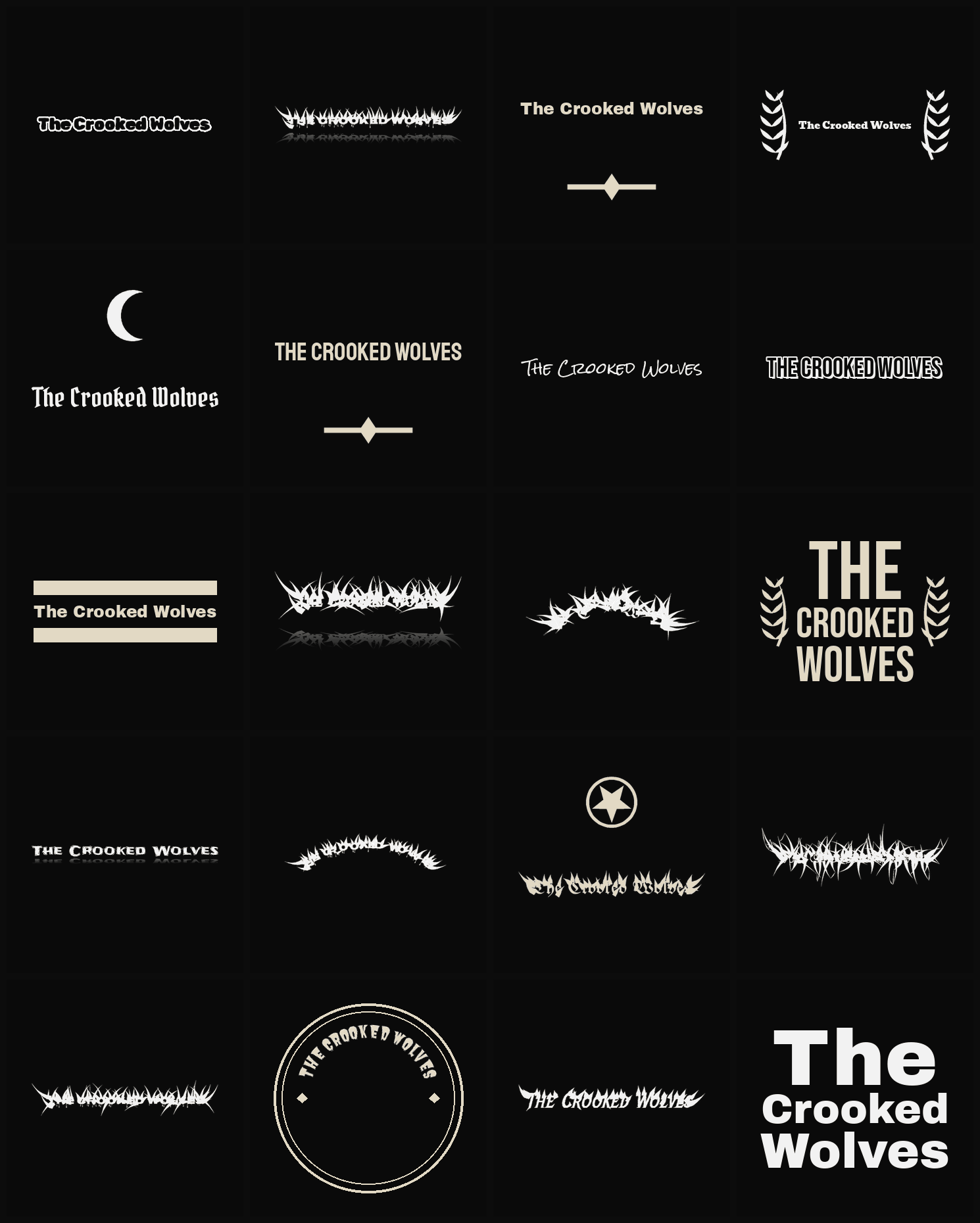 Twenty The Crooked Wolves band logo ideas — different faces, treatments and spike settings