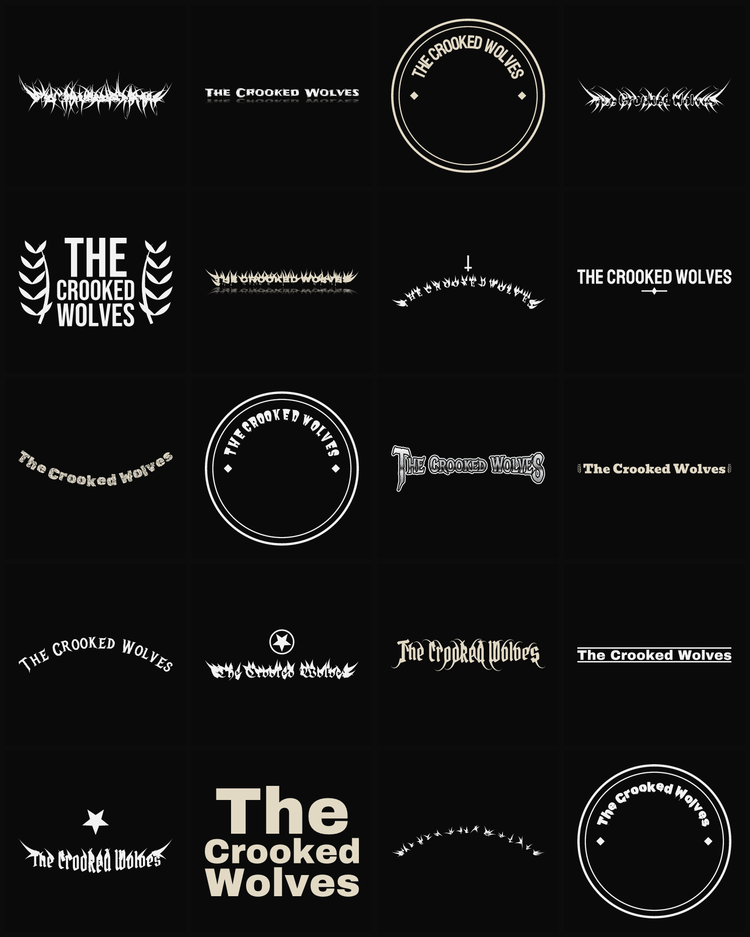Twenty The Crooked Wolves band logo ideas — different faces, treatments and spike settings