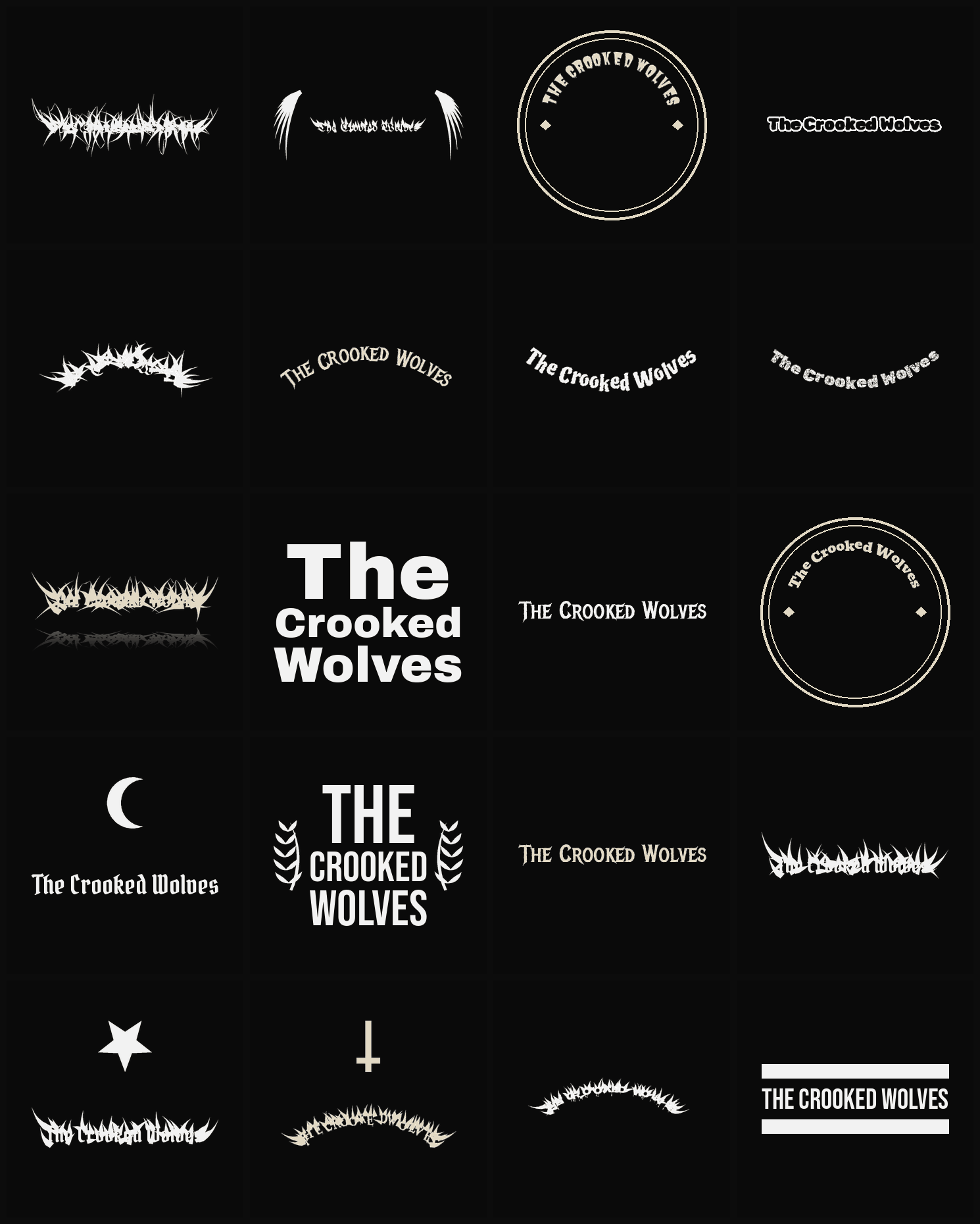 Twenty The Crooked Wolves band logo ideas — different faces, treatments and spike settings