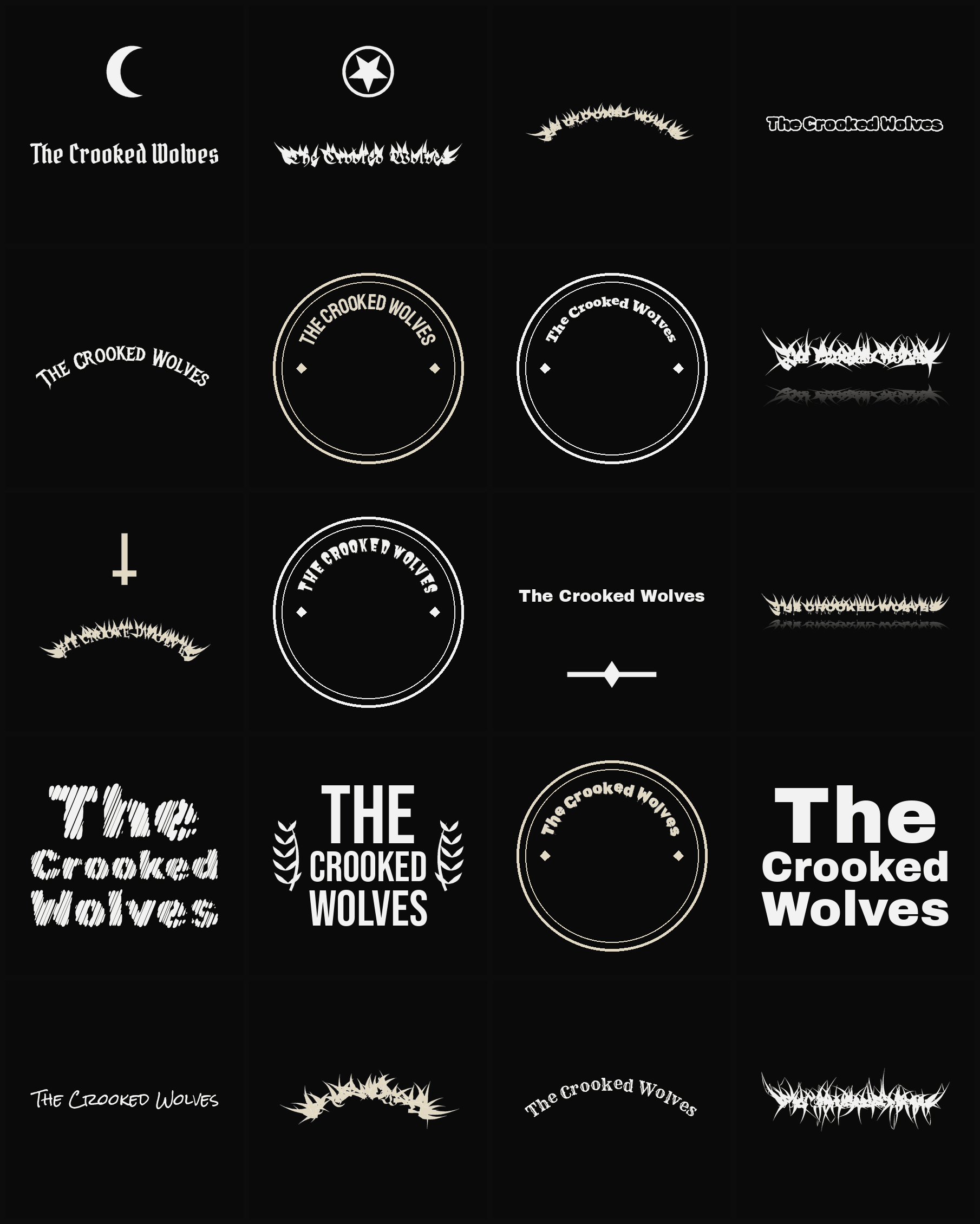 Twenty The Crooked Wolves band logo ideas — different faces, treatments and spike settings