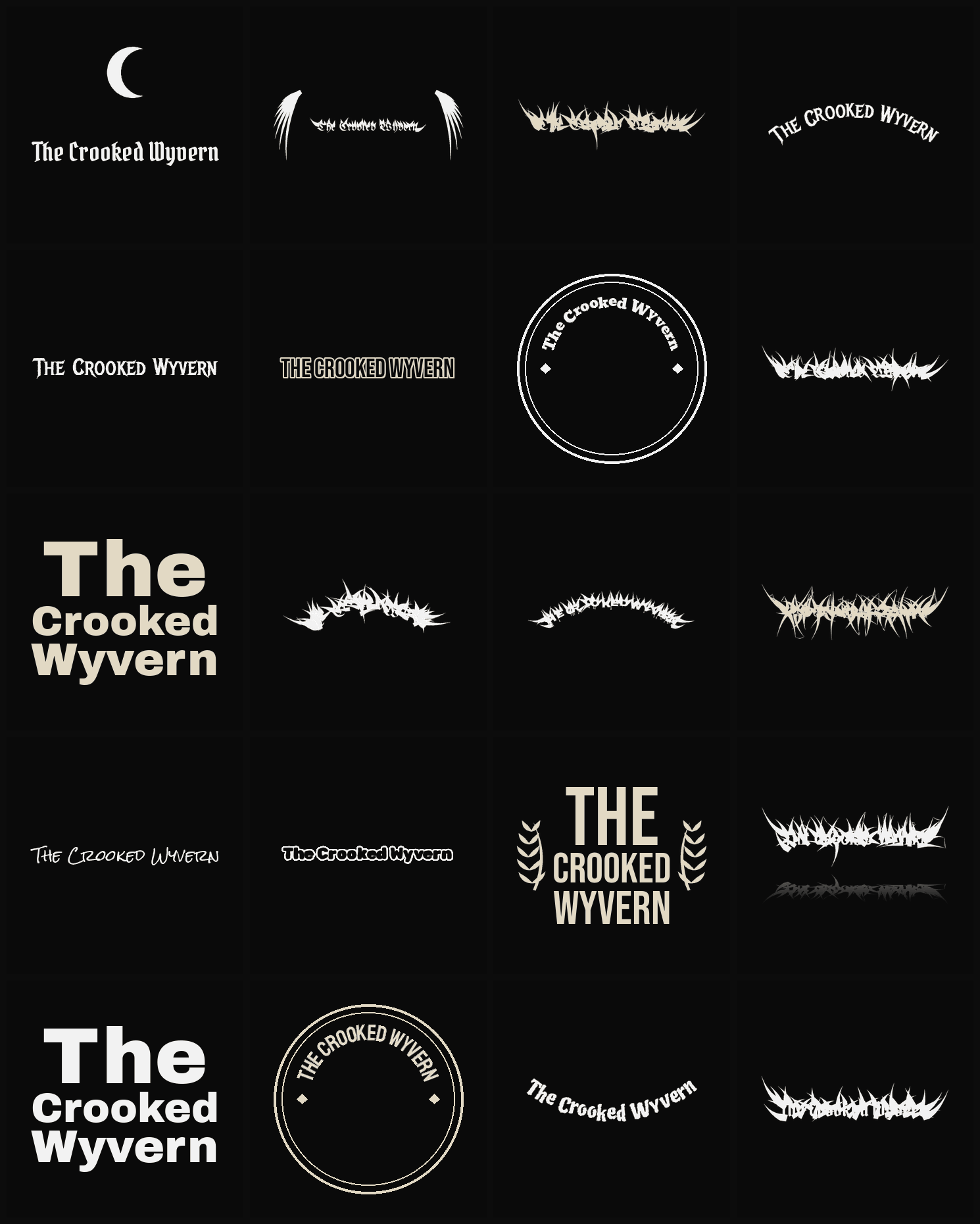Twenty The Crooked Wyvern band logo ideas — different faces, treatments and spike settings