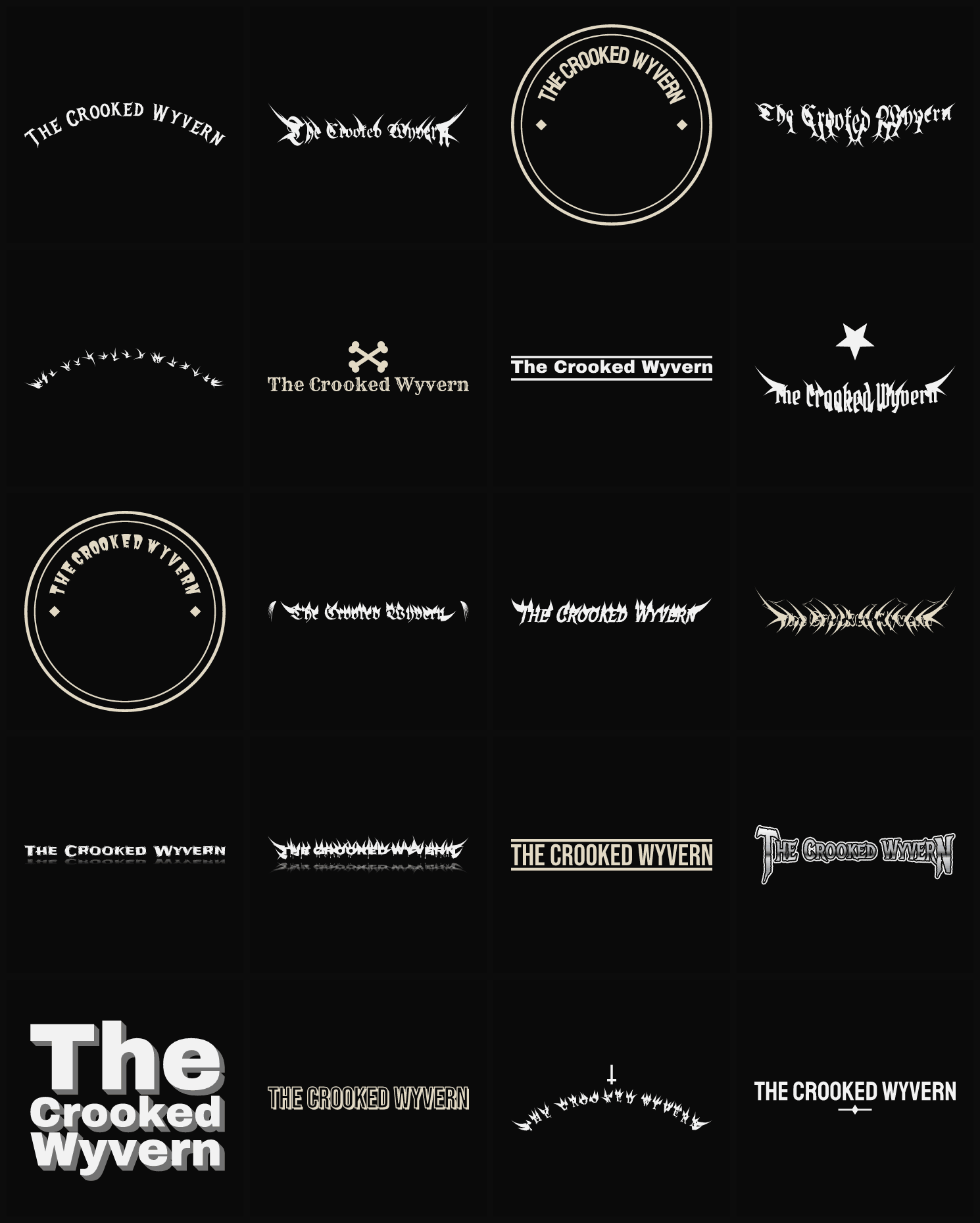 Twenty The Crooked Wyvern band logo ideas — different faces, treatments and spike settings