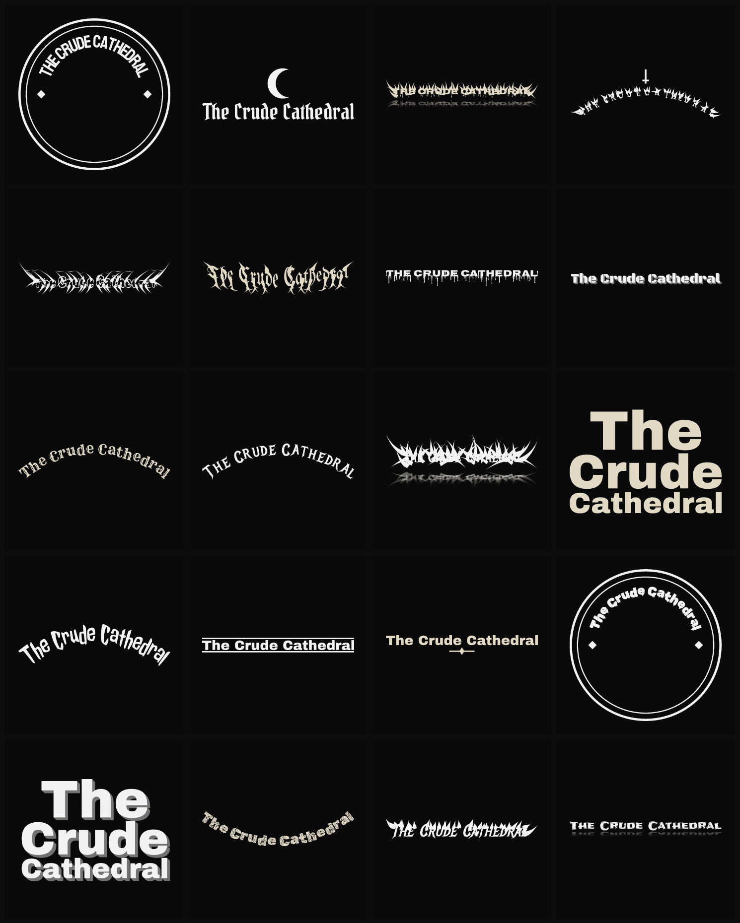Twenty The Crude Cathedral band logo ideas — different faces, treatments and spike settings