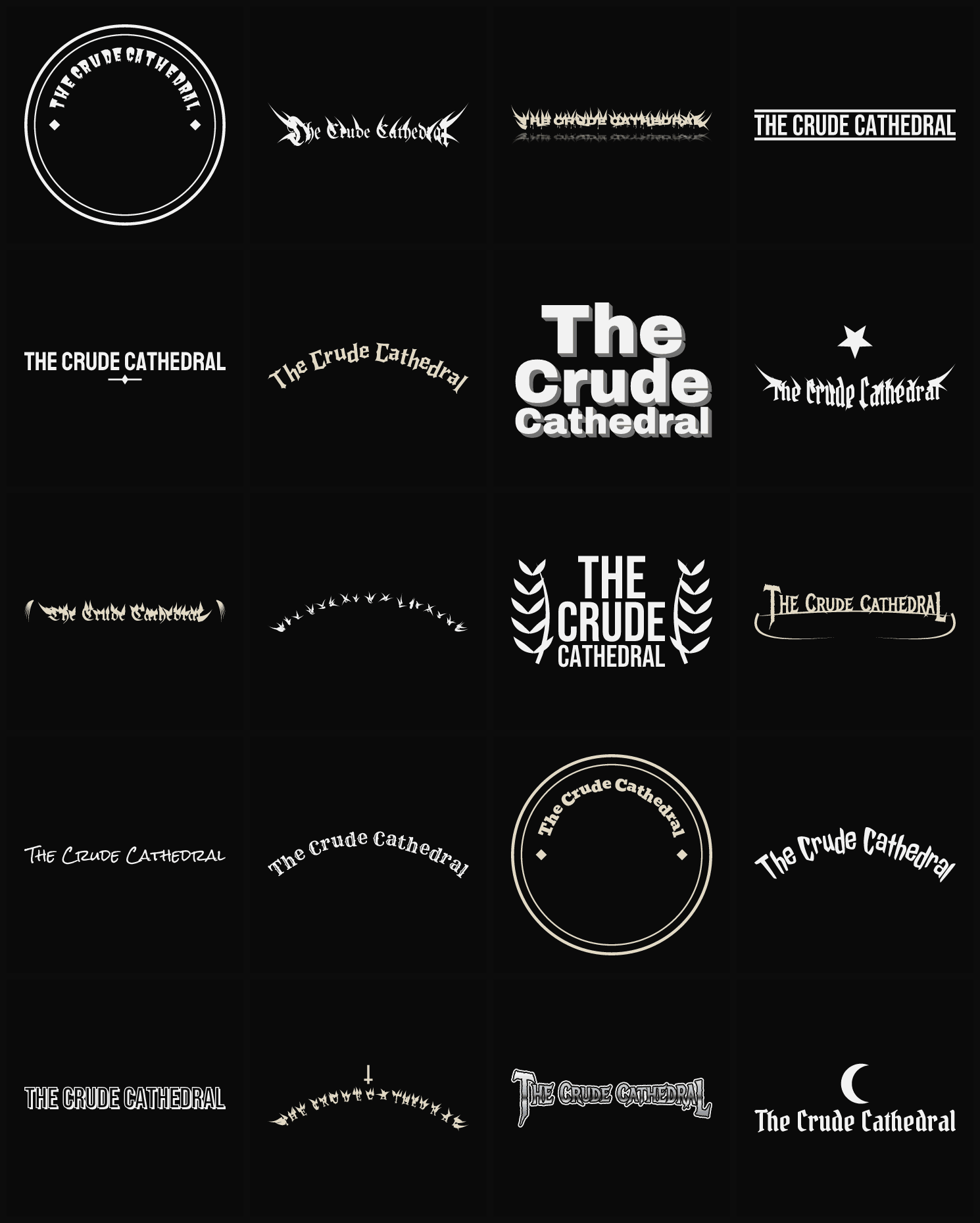 Twenty The Crude Cathedral band logo ideas — different faces, treatments and spike settings