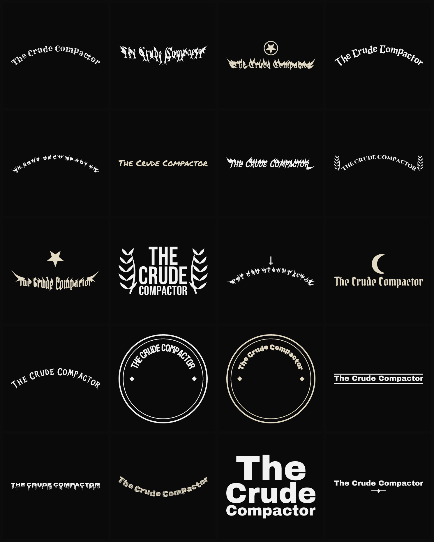 Twenty The Crude Compactor band logo ideas — different faces, treatments and spike settings
