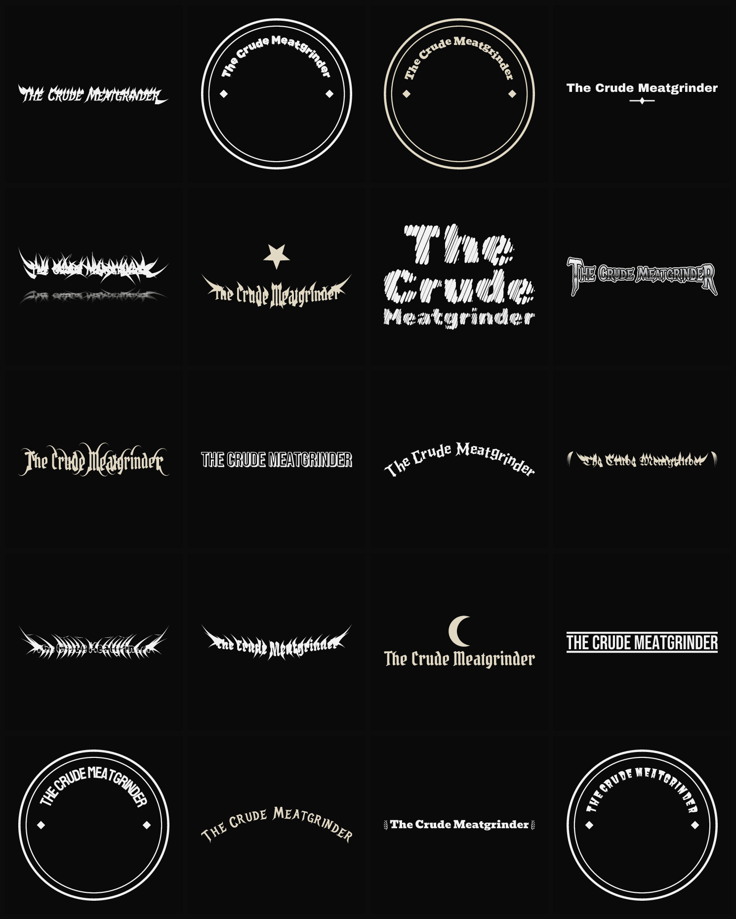 Twenty The Crude Meatgrinder band logo ideas — different faces, treatments and spike settings