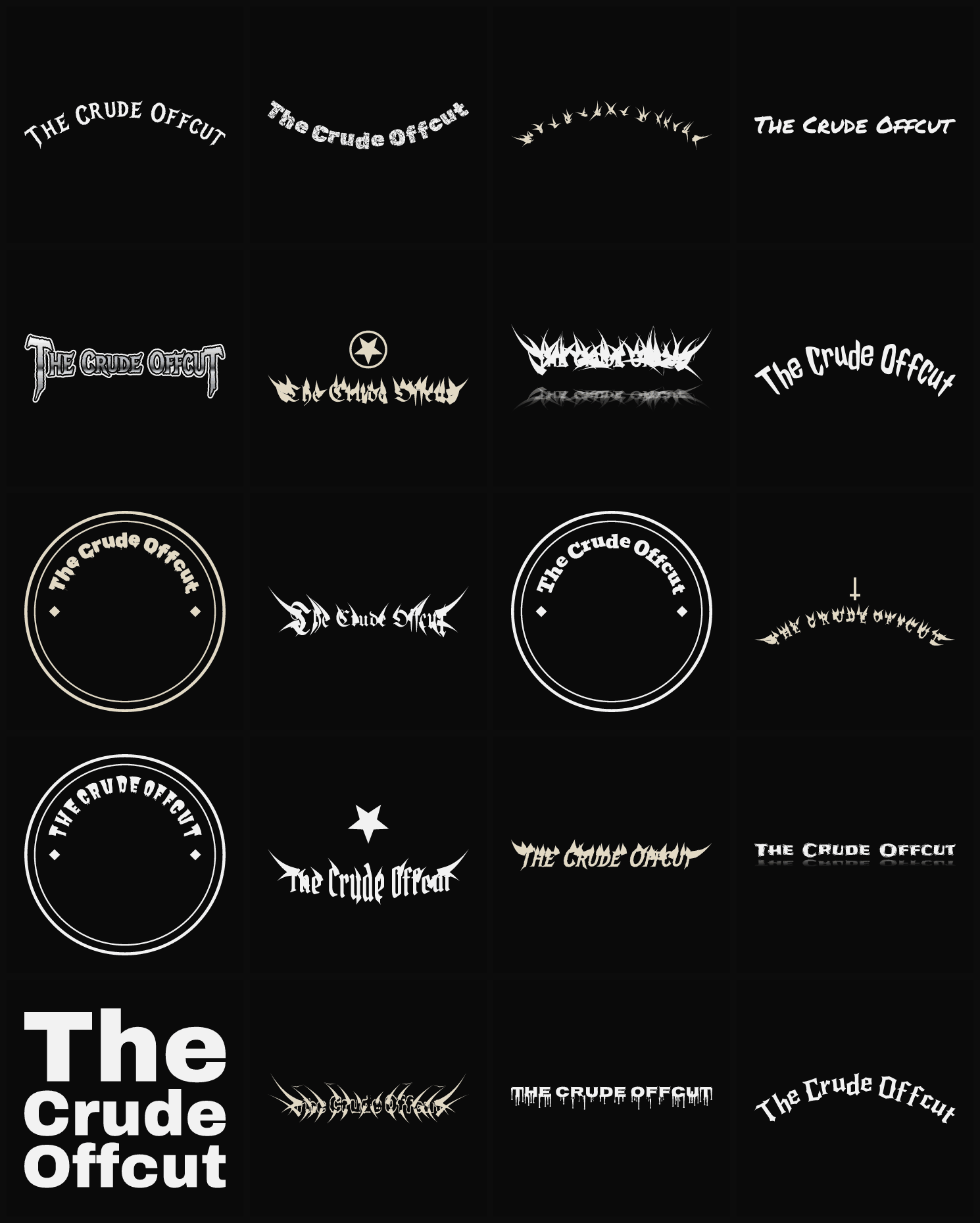 Twenty The Crude Offcut band logo ideas — different faces, treatments and spike settings