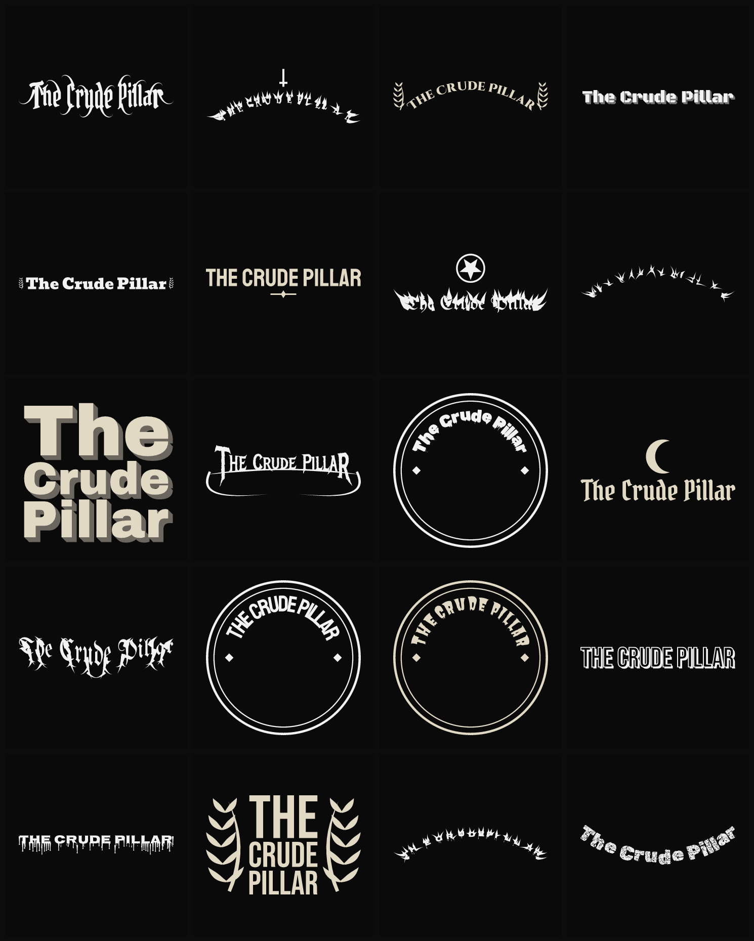 Twenty The Crude Pillar band logo ideas — different faces, treatments and spike settings