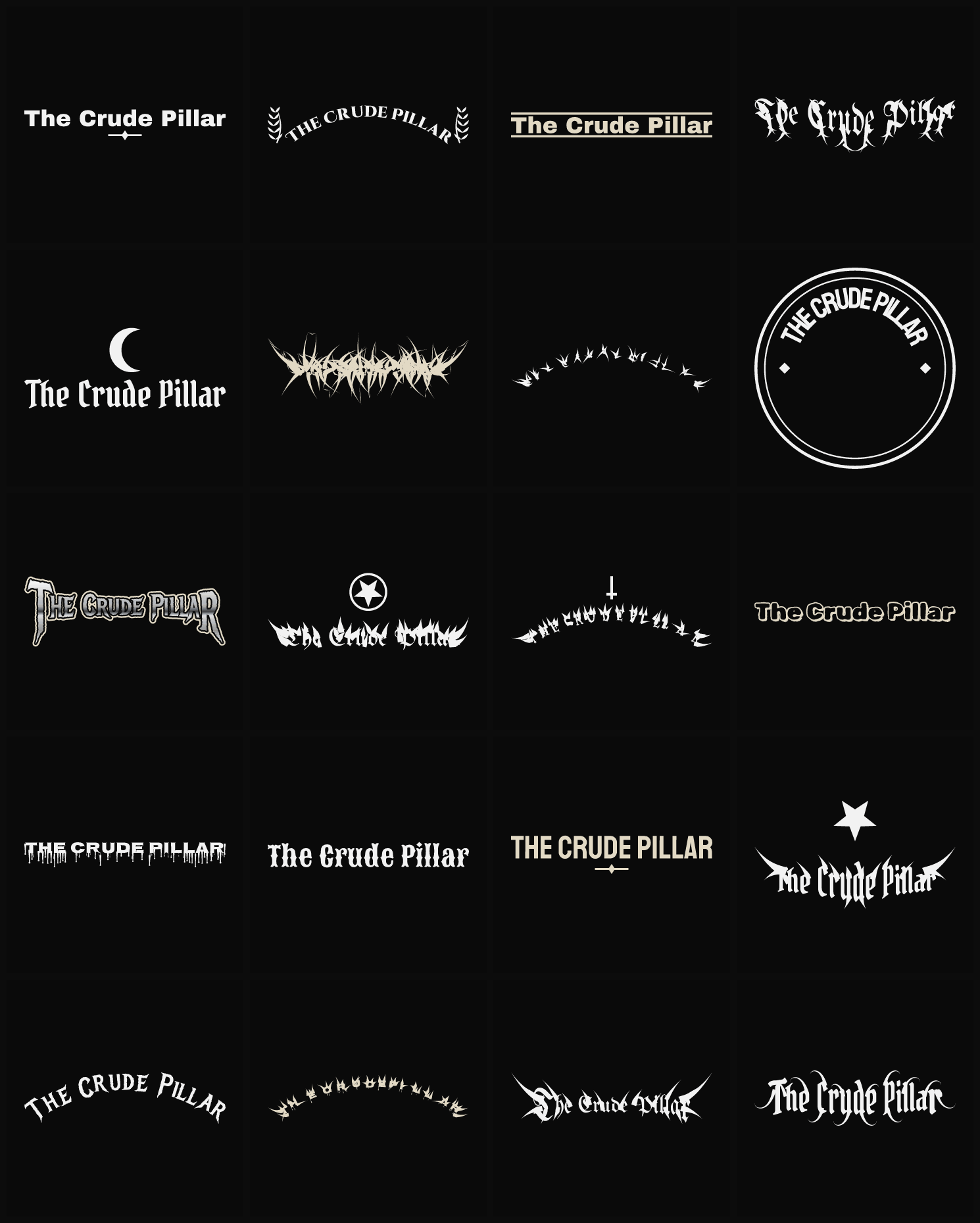 Twenty The Crude Pillar band logo ideas — different faces, treatments and spike settings