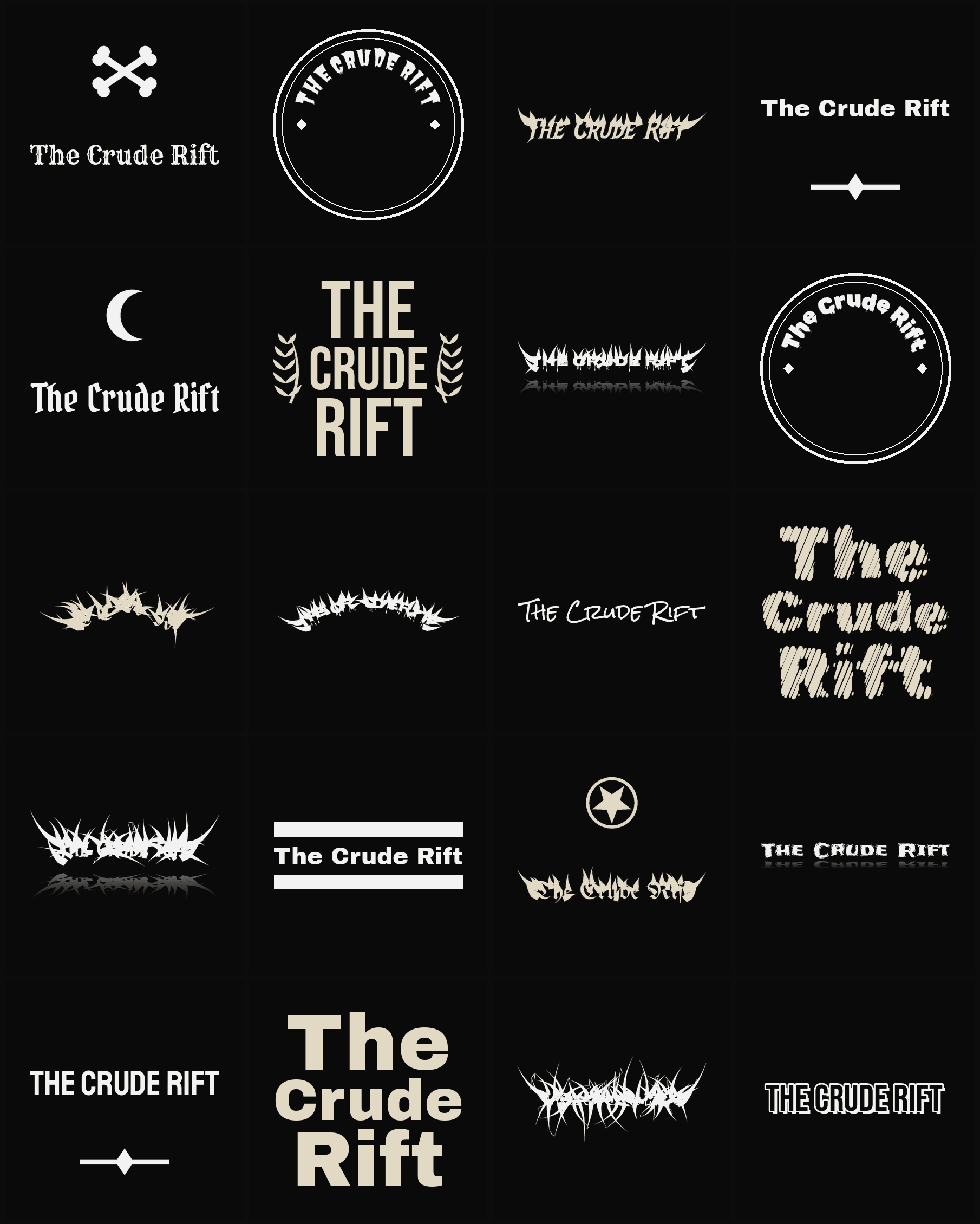 Twenty The Crude Rift band logo ideas — different faces, treatments and spike settings