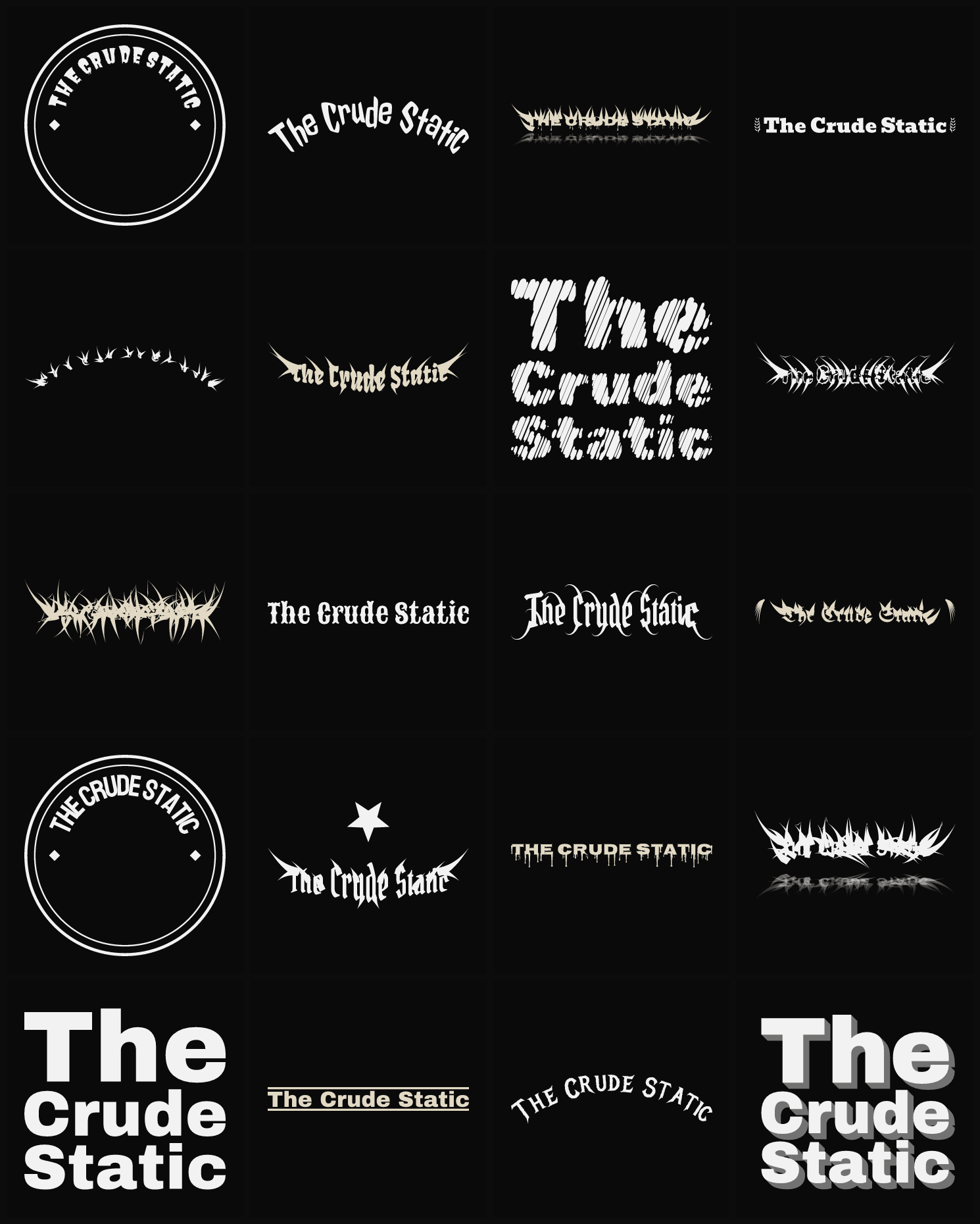 Twenty The Crude Static band logo ideas — different faces, treatments and spike settings