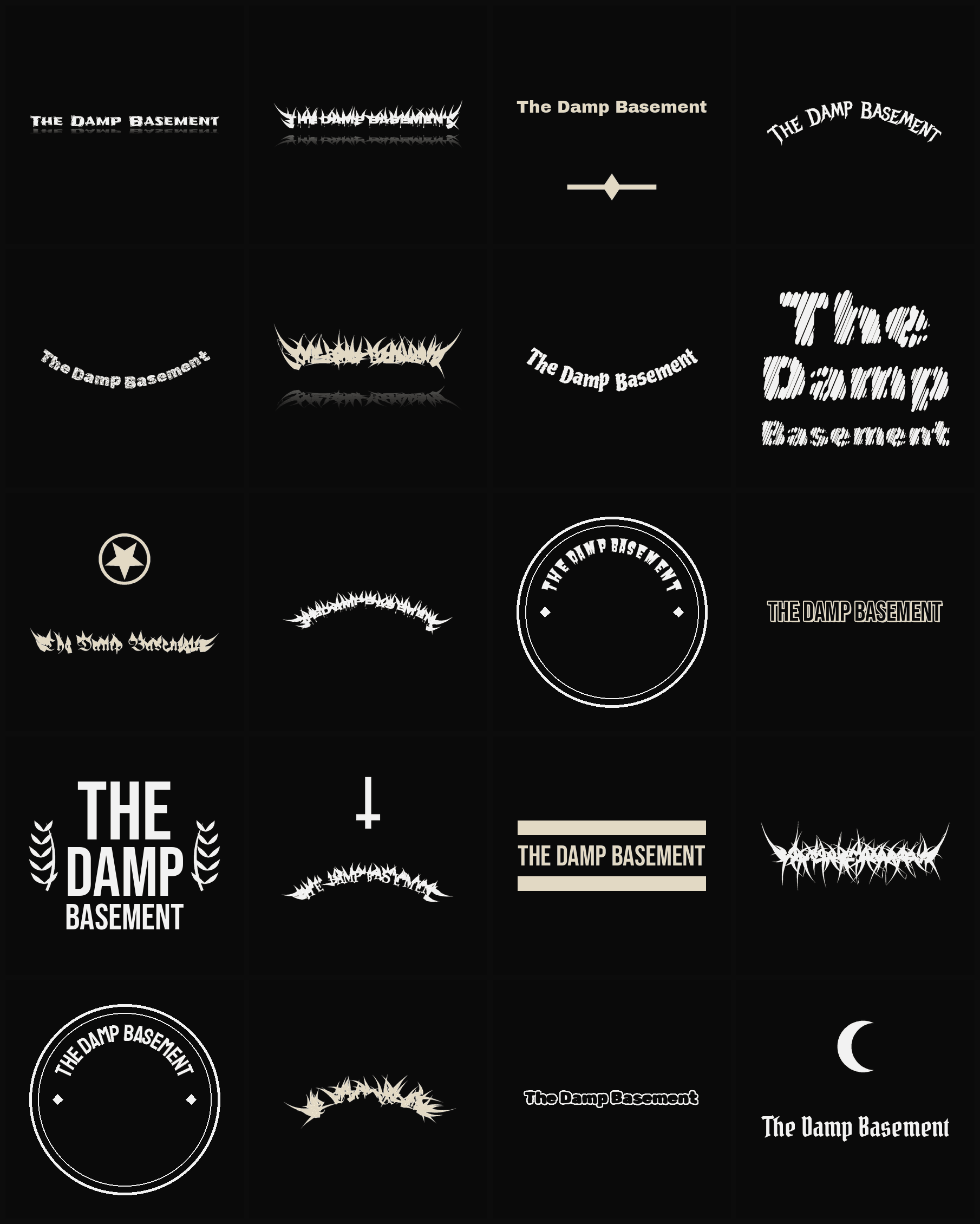 Twenty The Damp Basement band logo ideas — different faces, treatments and spike settings