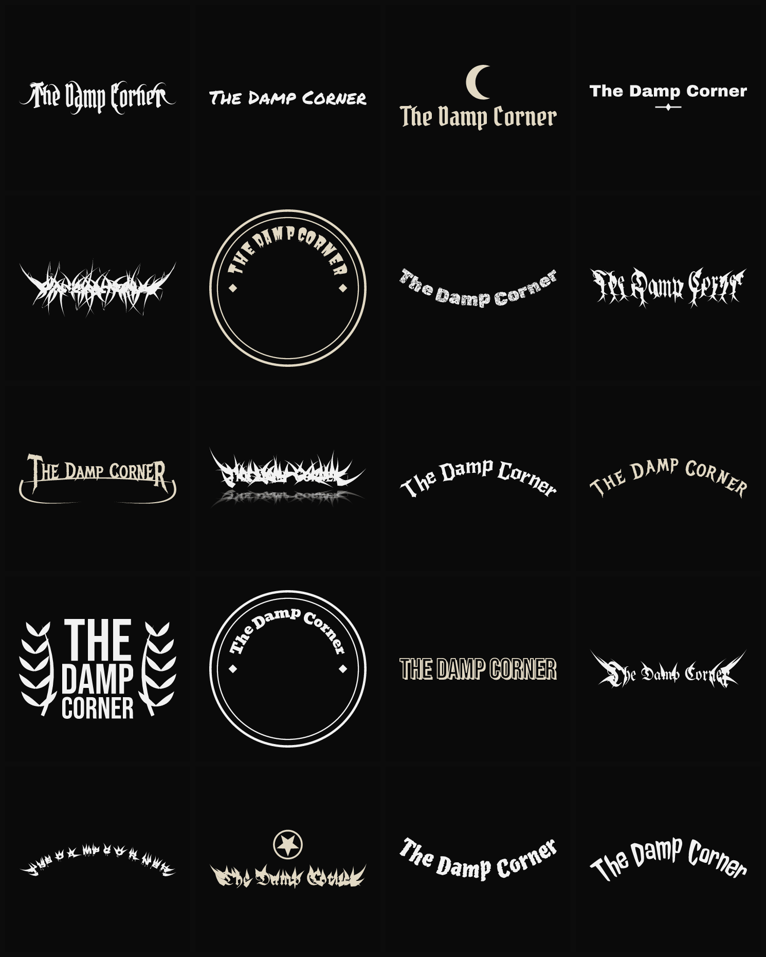 Twenty The Damp Corner band logo ideas — different faces, treatments and spike settings