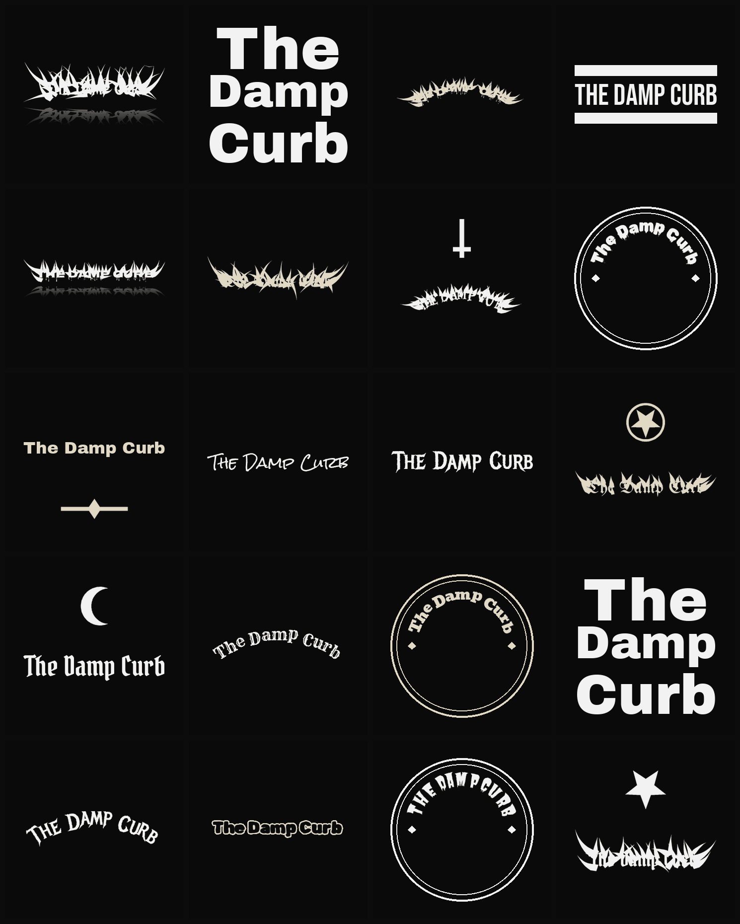 Twenty The Damp Curb band logo ideas — different faces, treatments and spike settings