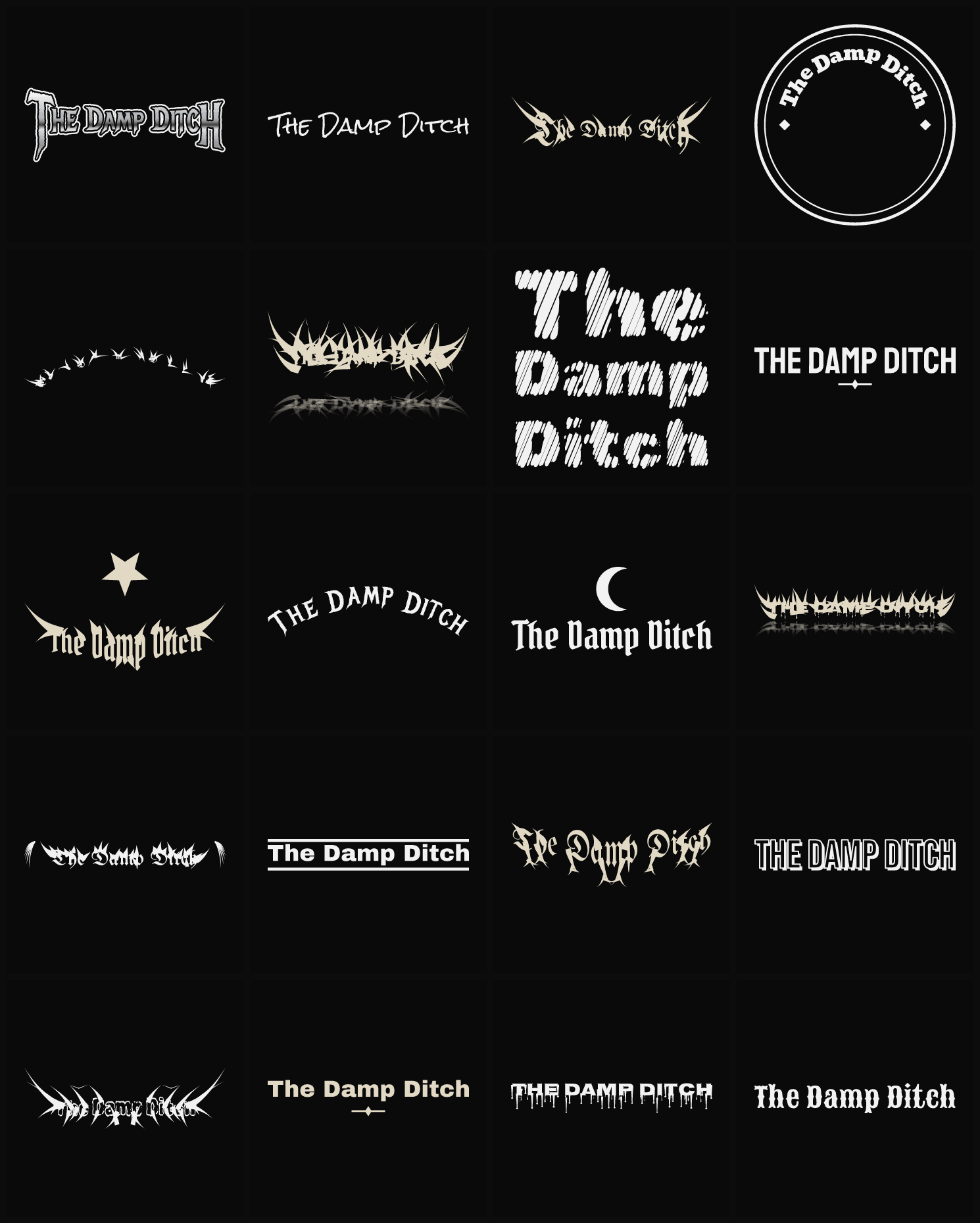 Twenty The Damp Ditch band logo ideas — different faces, treatments and spike settings