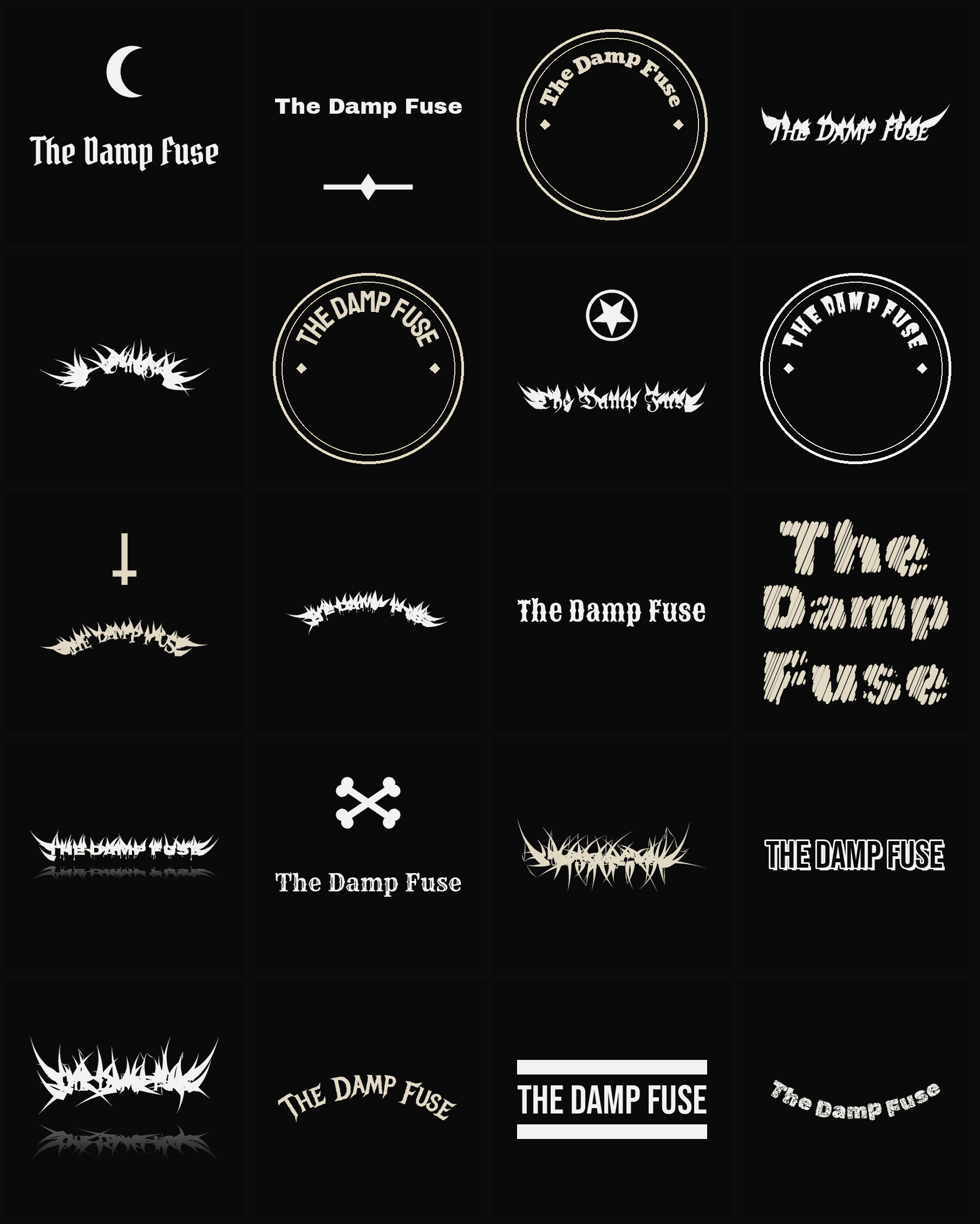 Twenty The Damp Fuse band logo ideas — different faces, treatments and spike settings