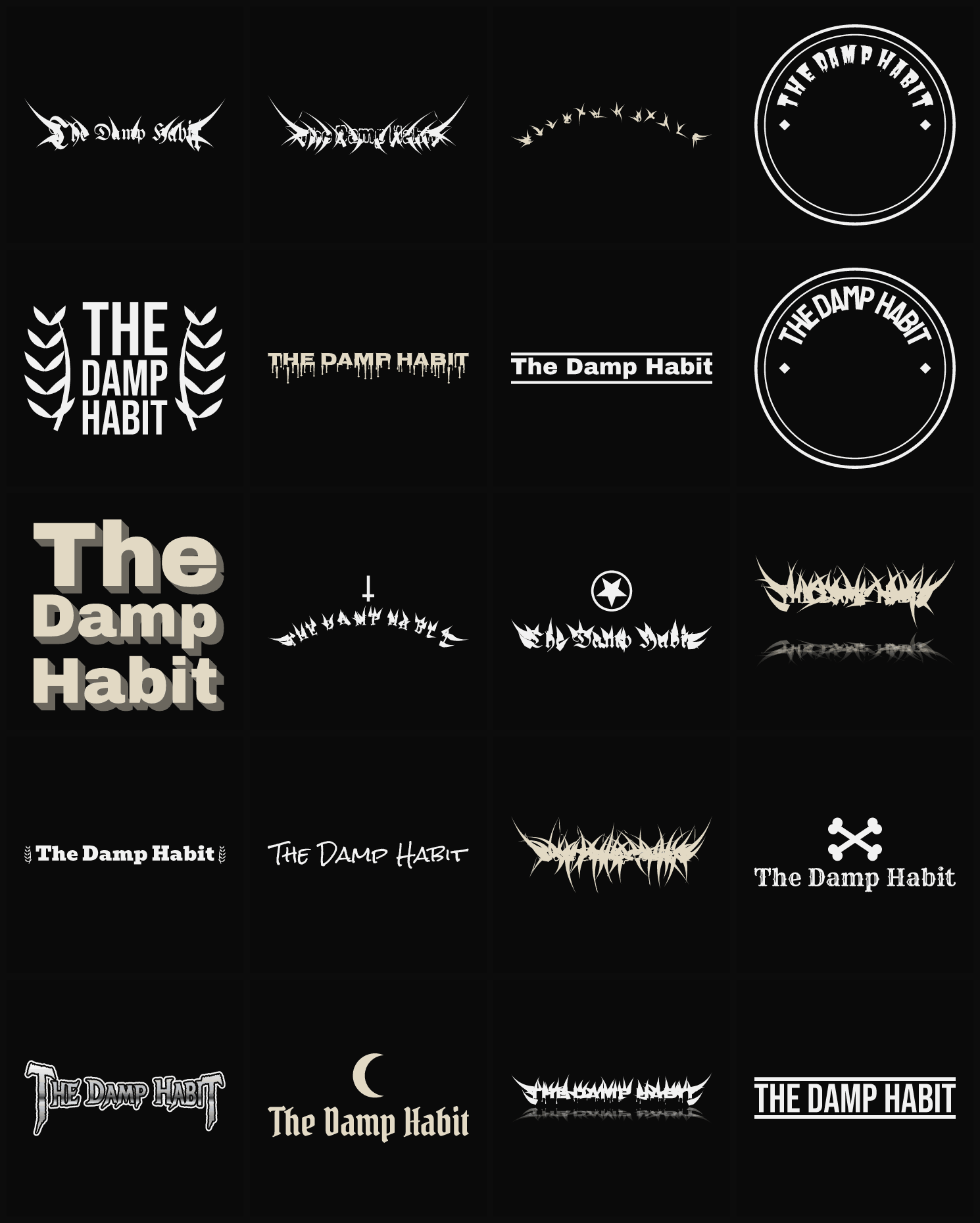 Twenty The Damp Habit band logo ideas — different faces, treatments and spike settings