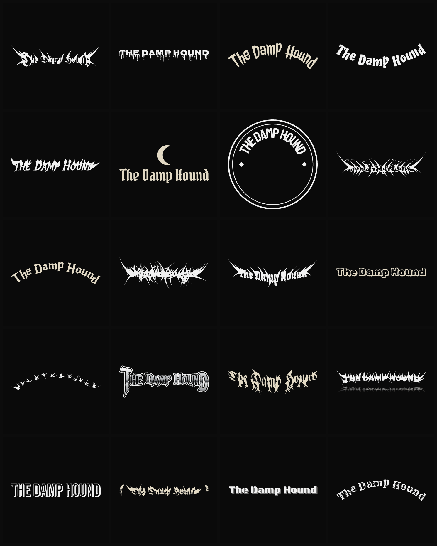 Twenty The Damp Hound band logo ideas — different faces, treatments and spike settings