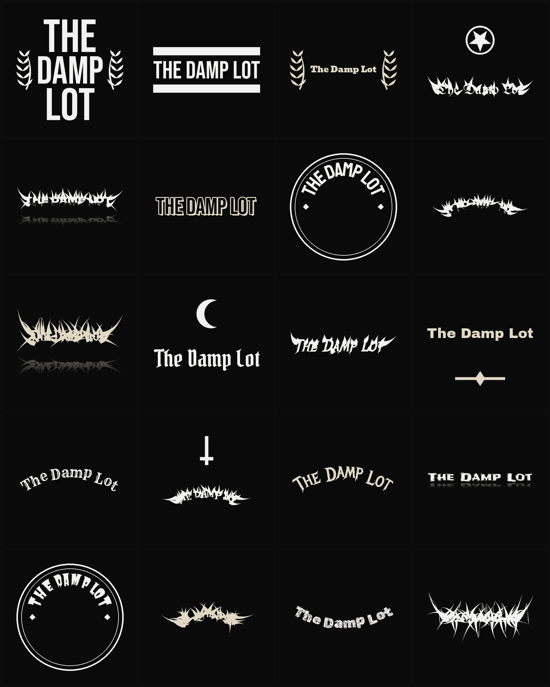 Twenty The Damp Lot band logo ideas — different faces, treatments and spike settings