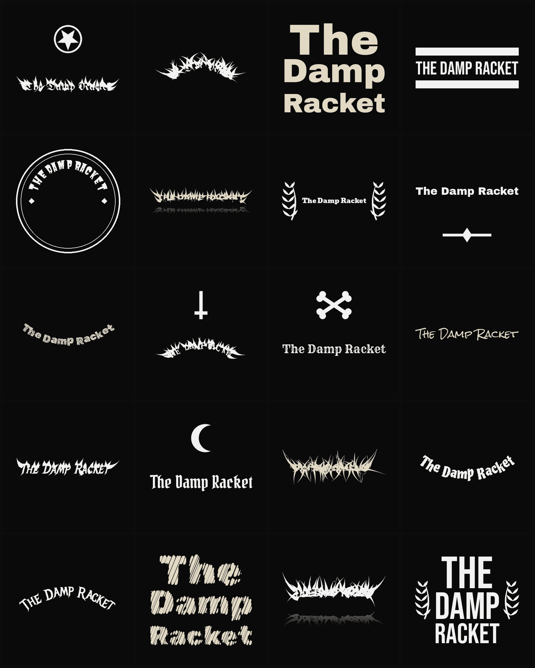 Twenty The Damp Racket band logo ideas — different faces, treatments and spike settings