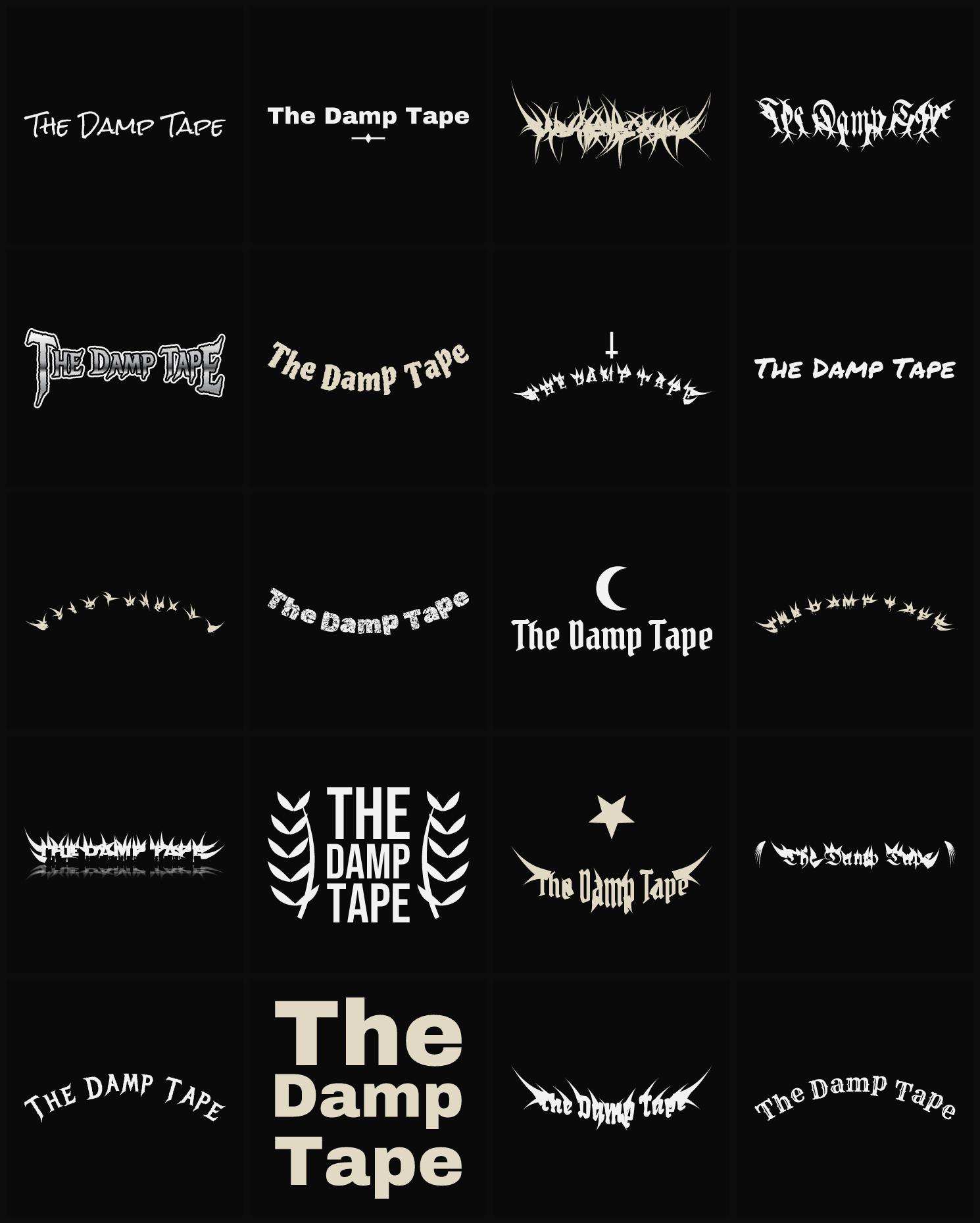 Twenty The Damp Tape band logo ideas — different faces, treatments and spike settings