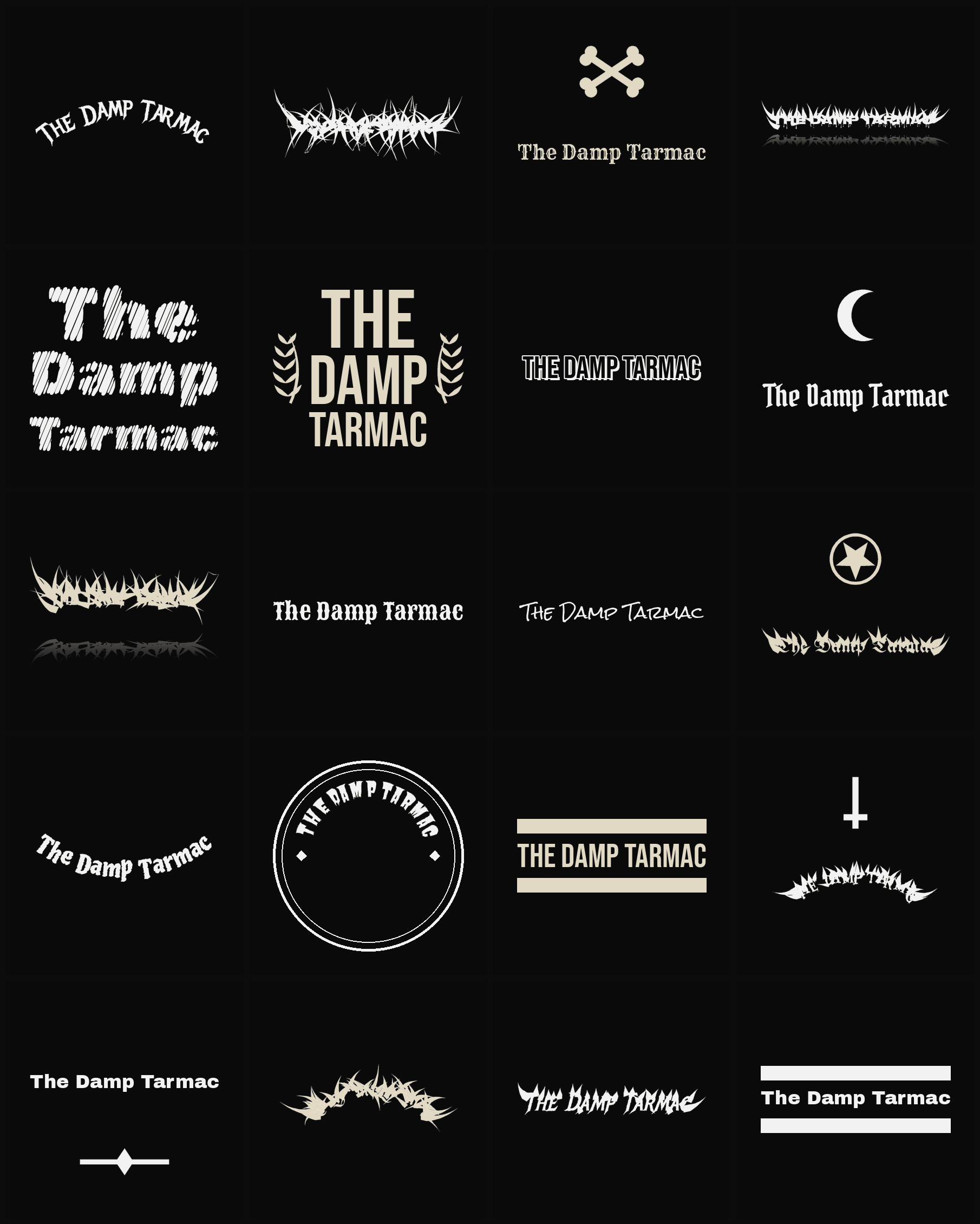 Twenty The Damp Tarmac band logo ideas — different faces, treatments and spike settings