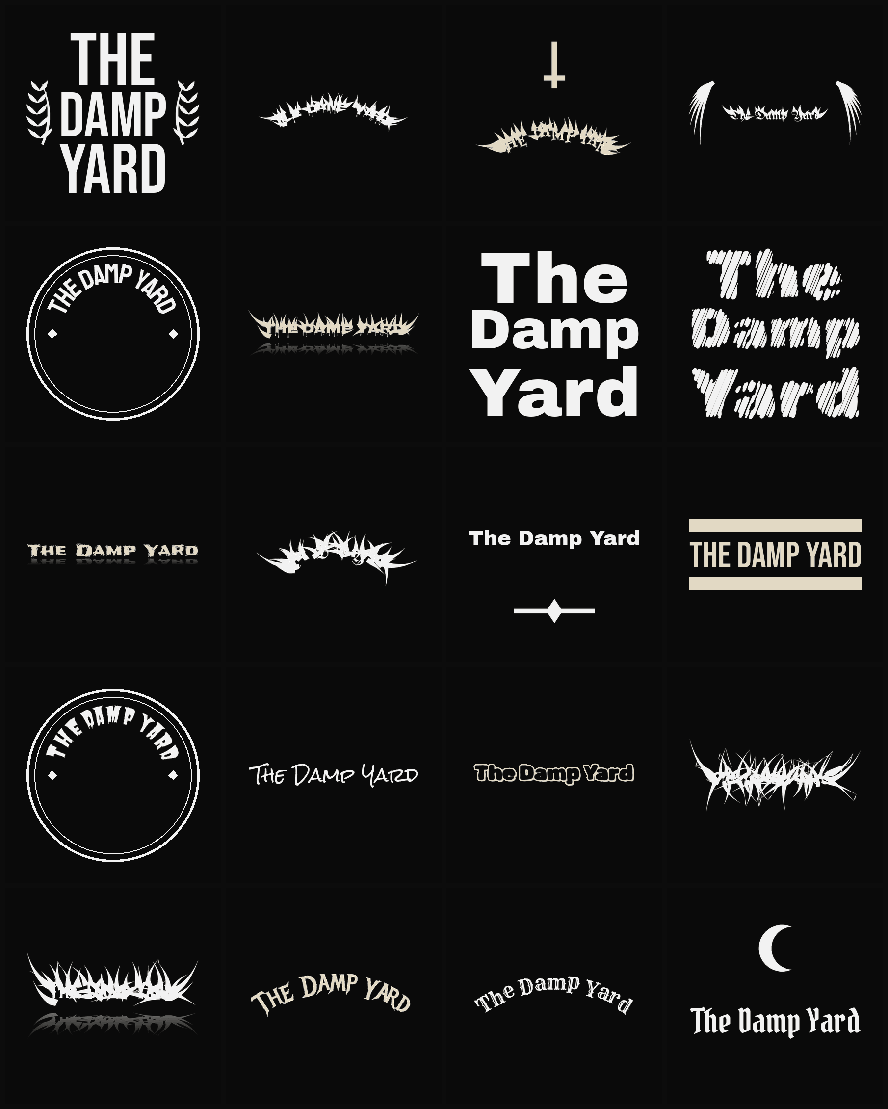 Twenty The Damp Yard band logo ideas — different faces, treatments and spike settings
