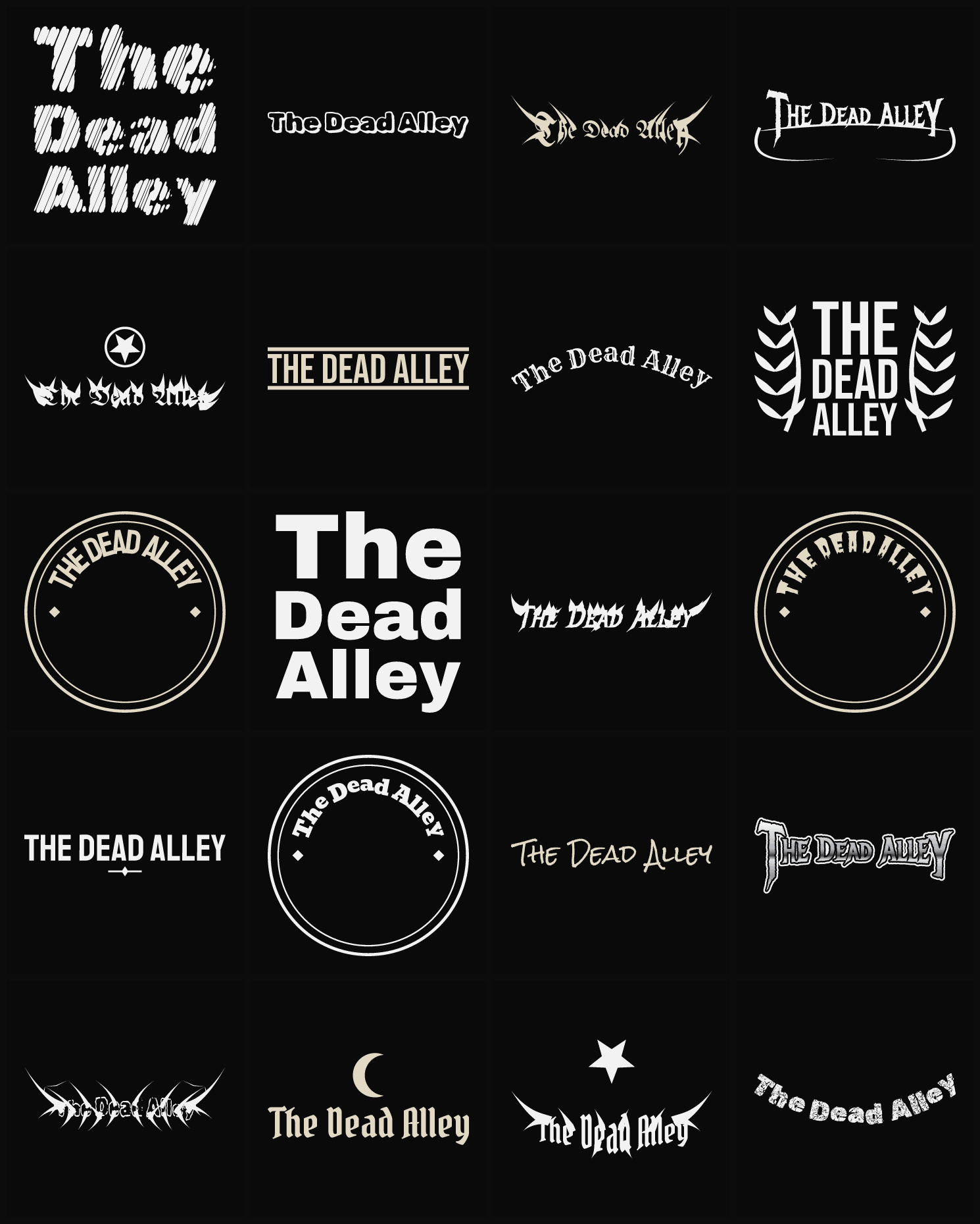 Twenty The Dead Alley band logo ideas — different faces, treatments and spike settings