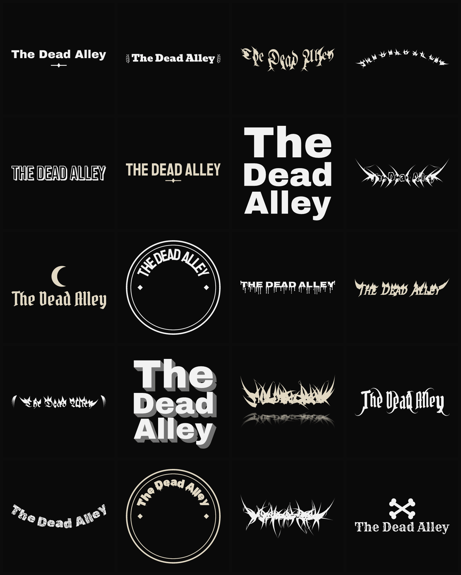 Twenty The Dead Alley band logo ideas — different faces, treatments and spike settings