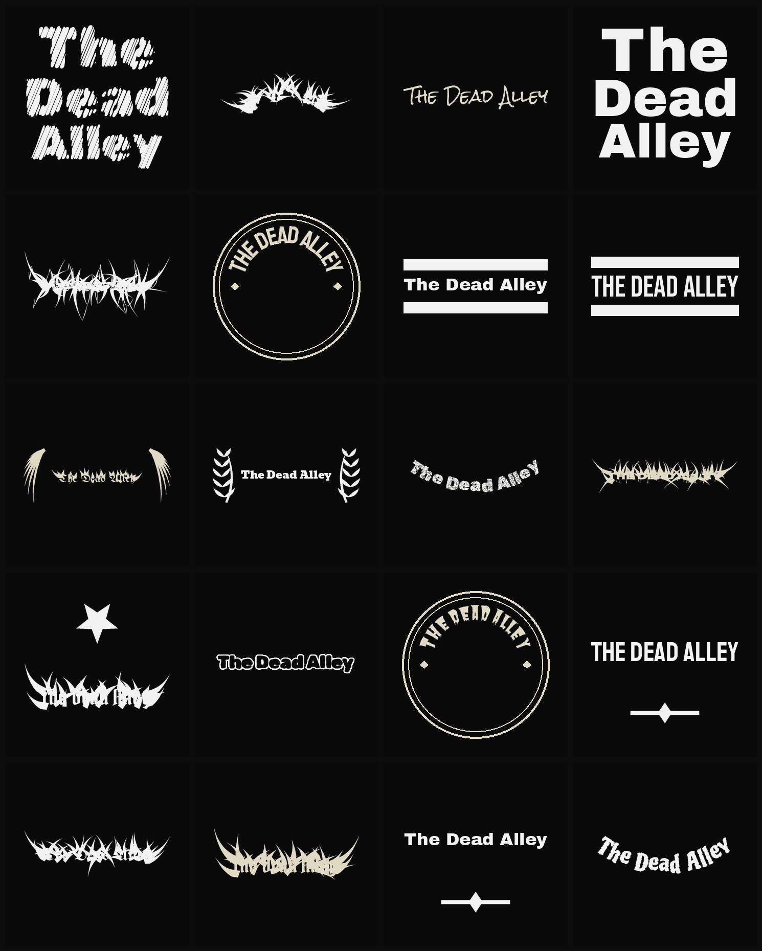Twenty The Dead Alley band logo ideas — different faces, treatments and spike settings