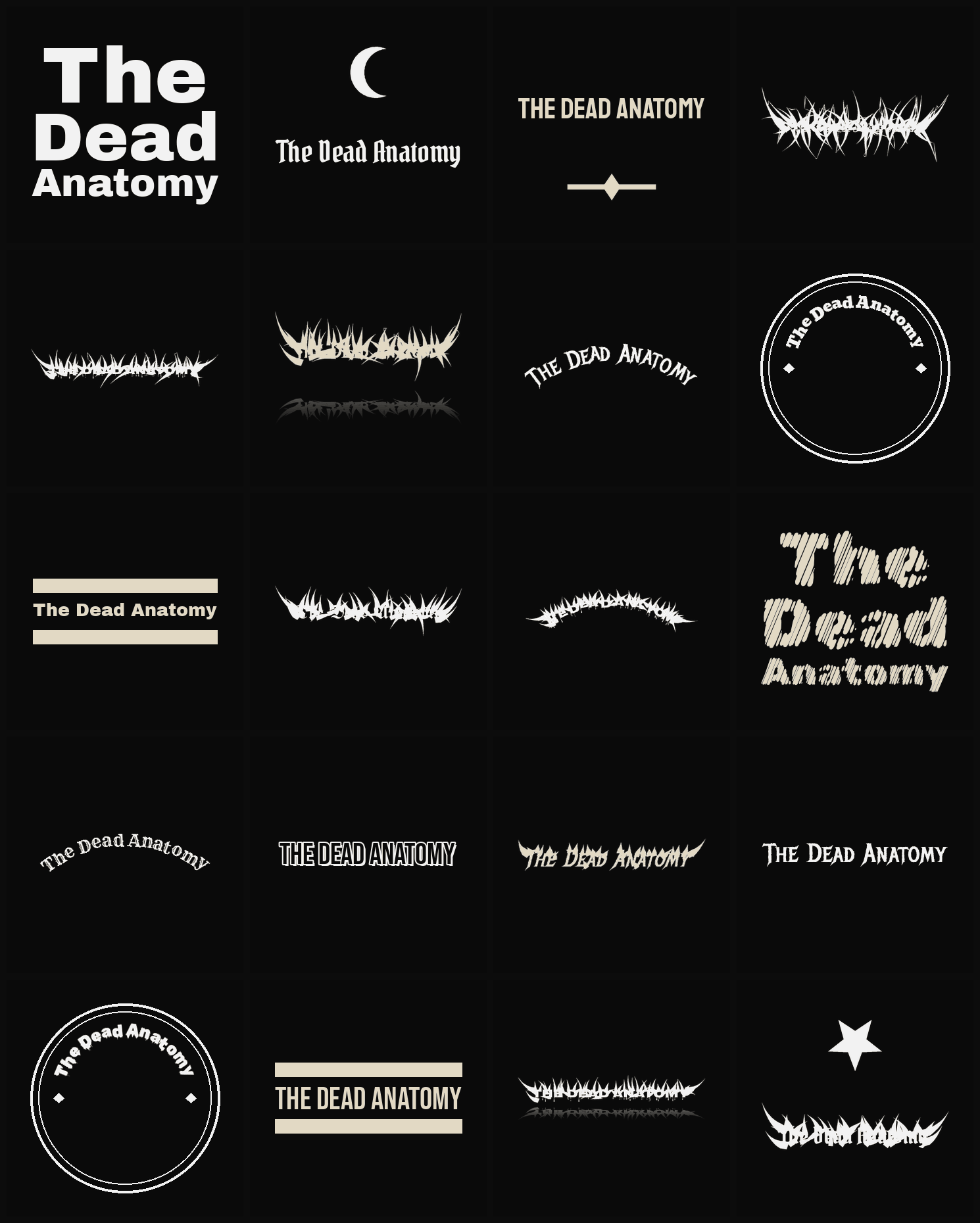 Twenty The Dead Anatomy band logo ideas — different faces, treatments and spike settings