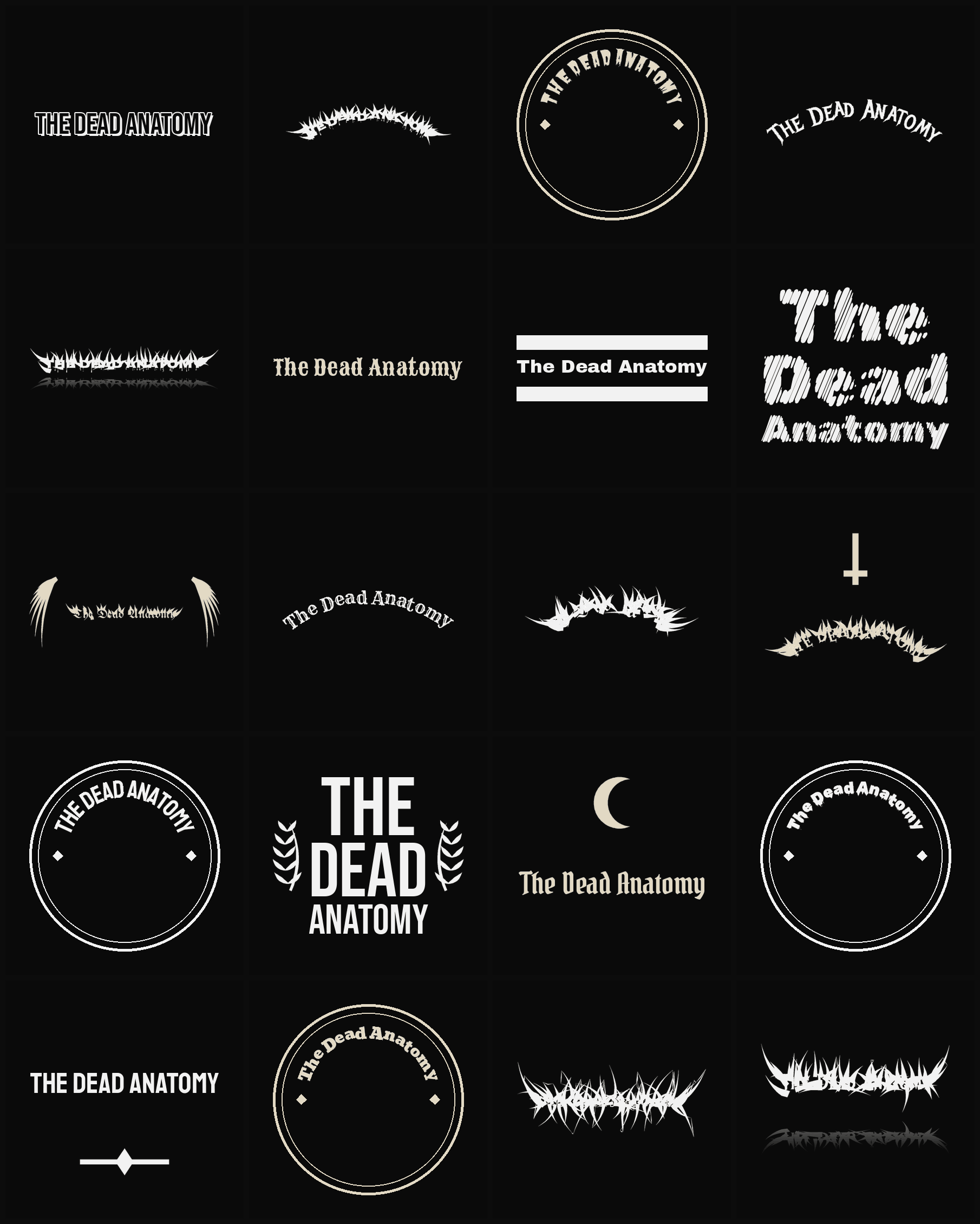 Twenty The Dead Anatomy band logo ideas — different faces, treatments and spike settings