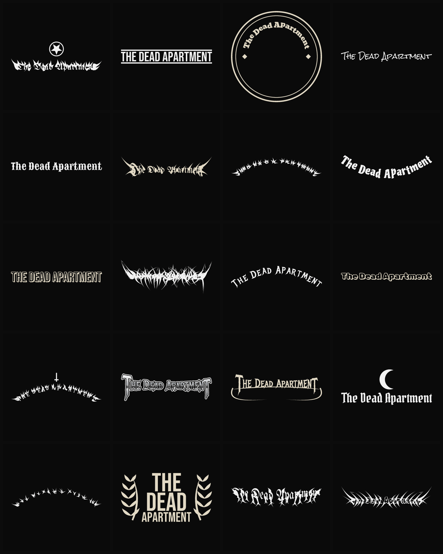 Twenty The Dead Apartment band logo ideas — different faces, treatments and spike settings
