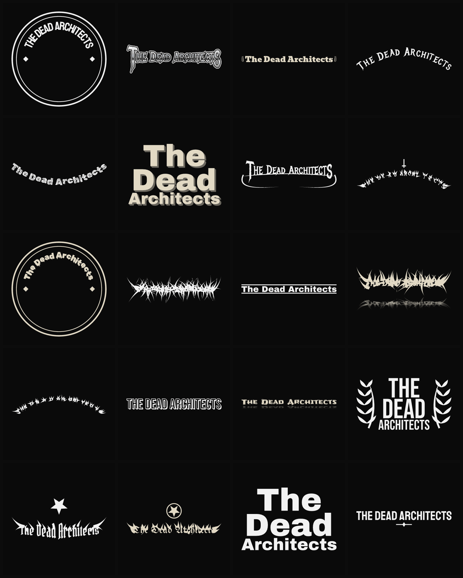Twenty The Dead Architects band logo ideas — different faces, treatments and spike settings