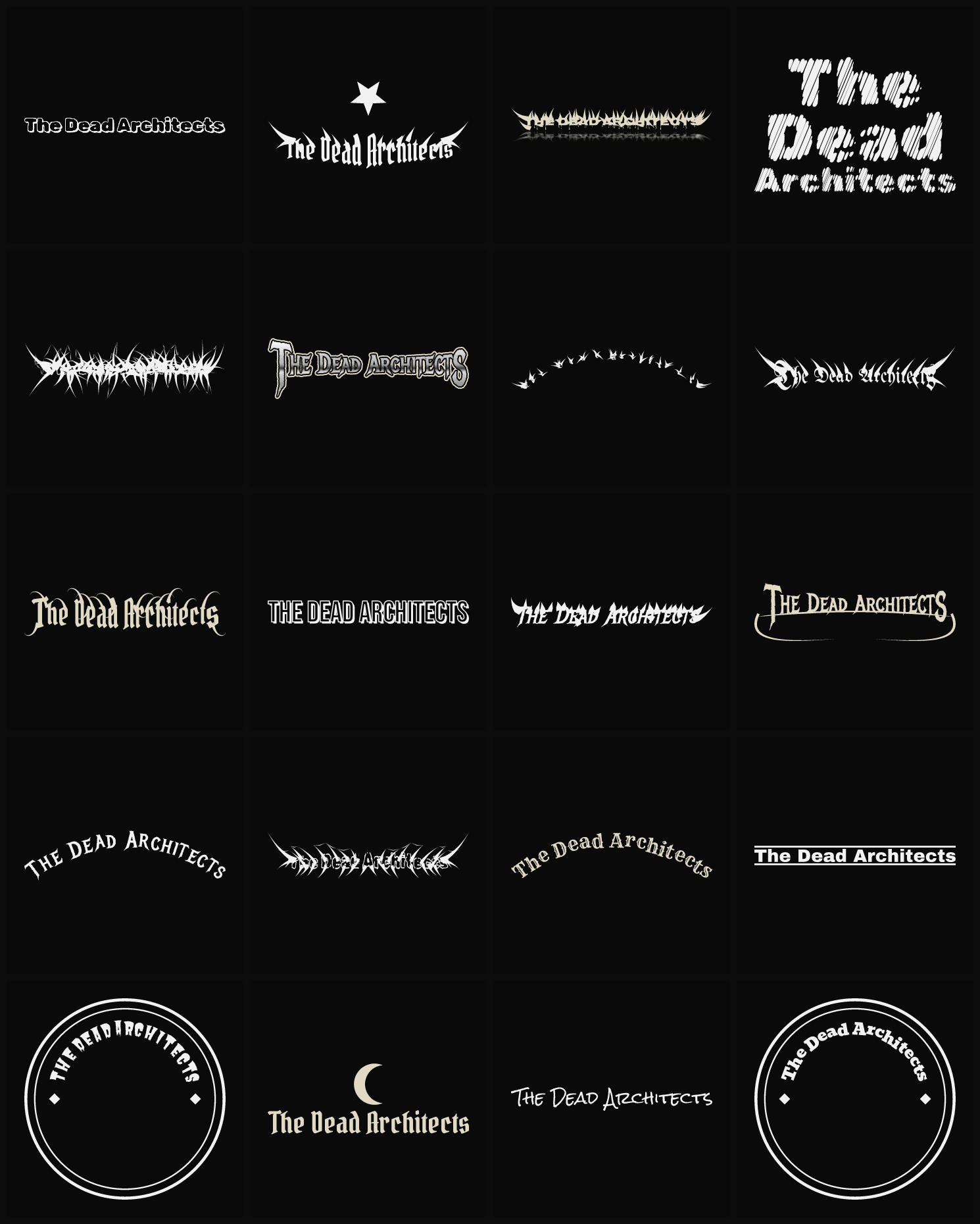 Twenty The Dead Architects band logo ideas — different faces, treatments and spike settings